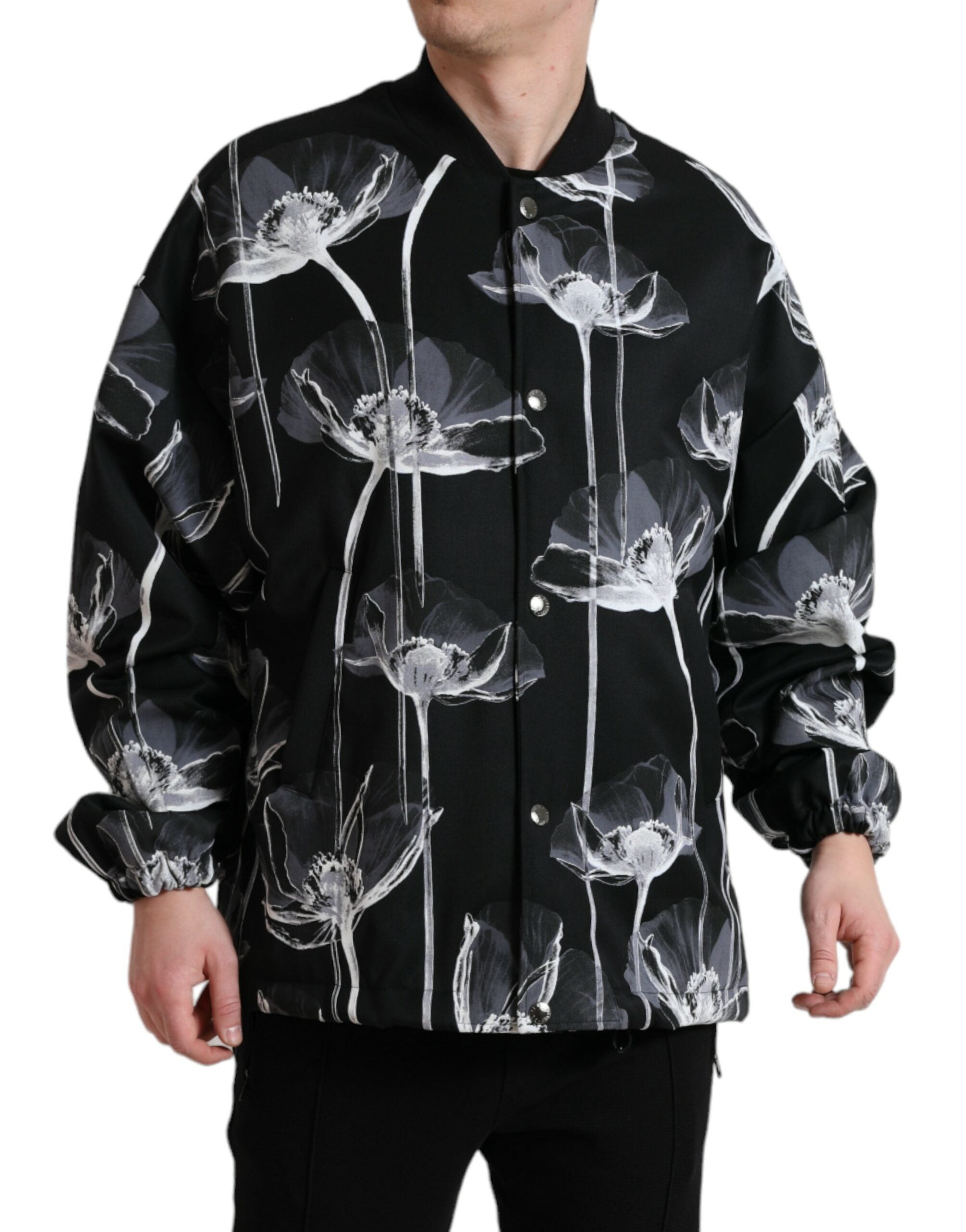 Black Floral Print Wool Button Down Bomber Jacket - ventzia