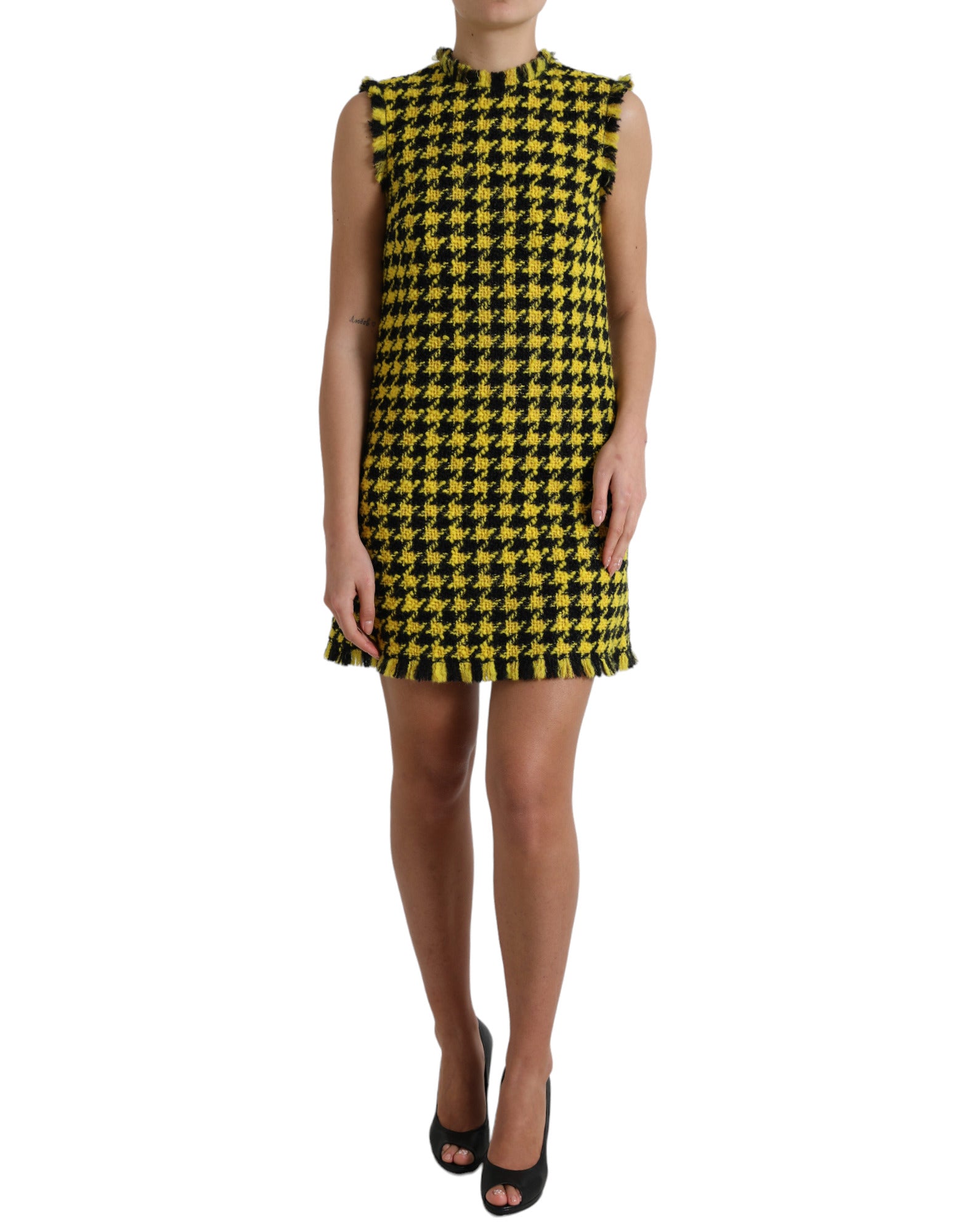 Yellow Houndstooth Sleeveless Aline Mini Dress - ventzia