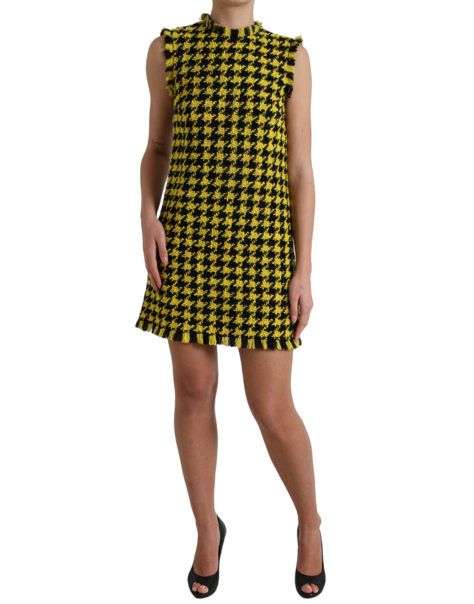 Yellow Houndstooth Sleeveless Aline Mini Dress - ventzia