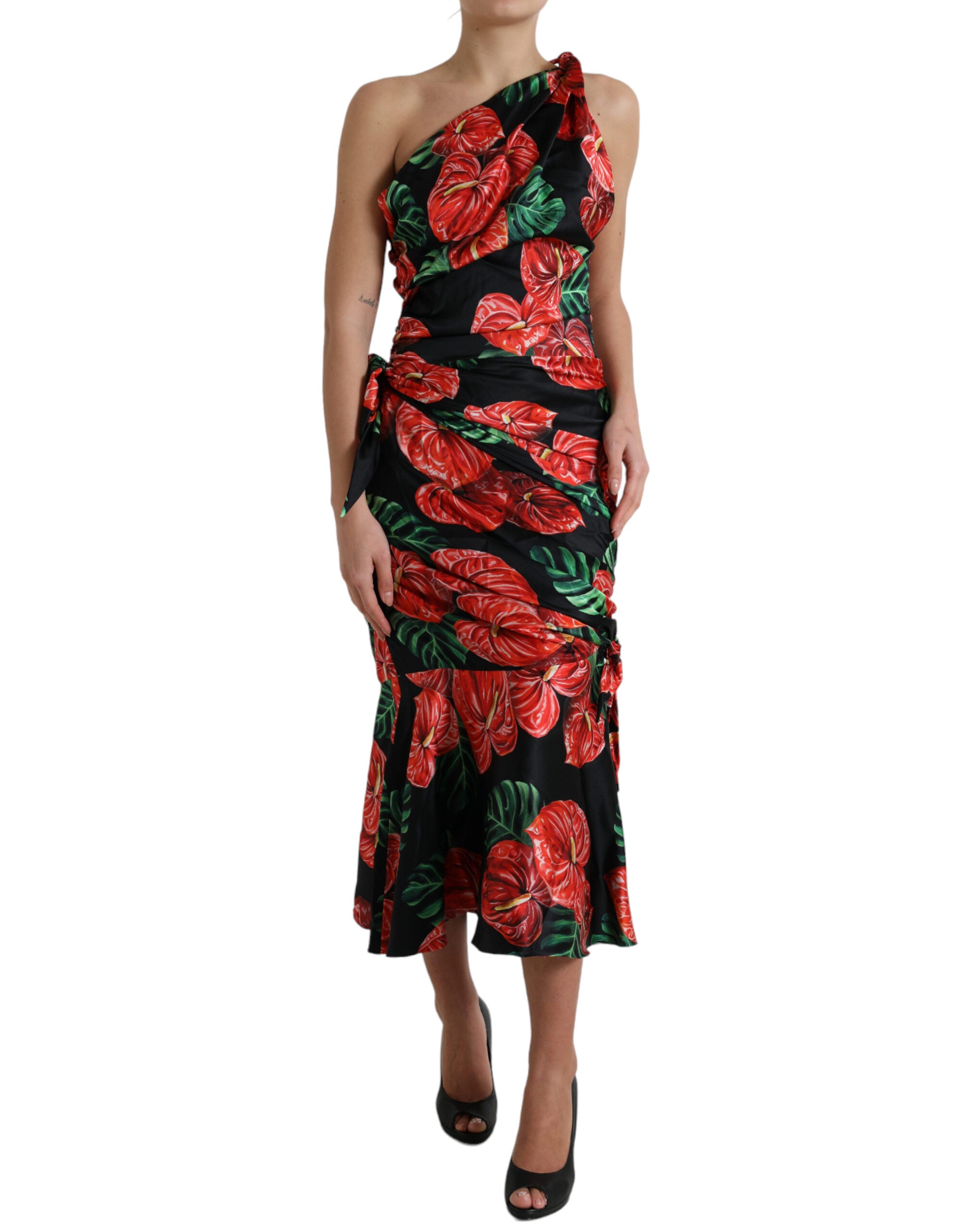 Black Shiny Silk Floral Print Draped Dress - ventzia