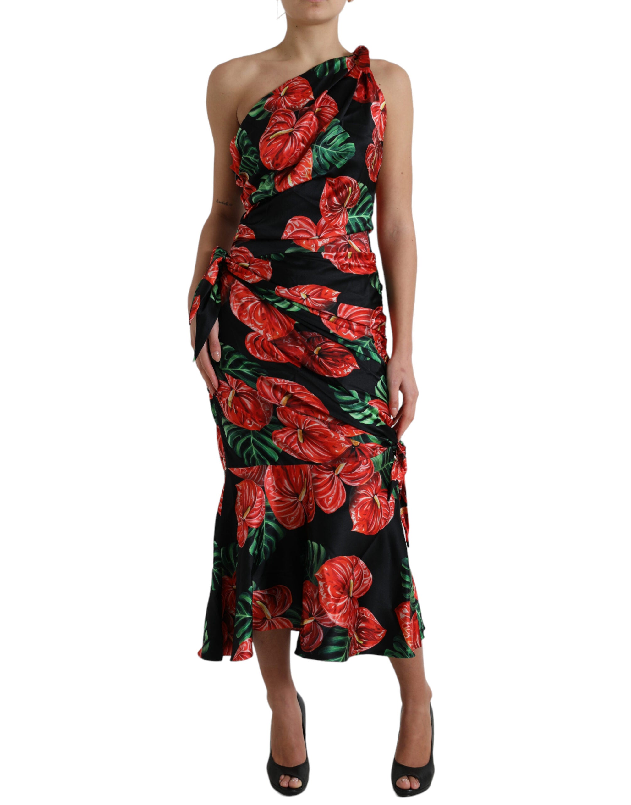 Black Shiny Silk Floral Print Draped Dress - ventzia