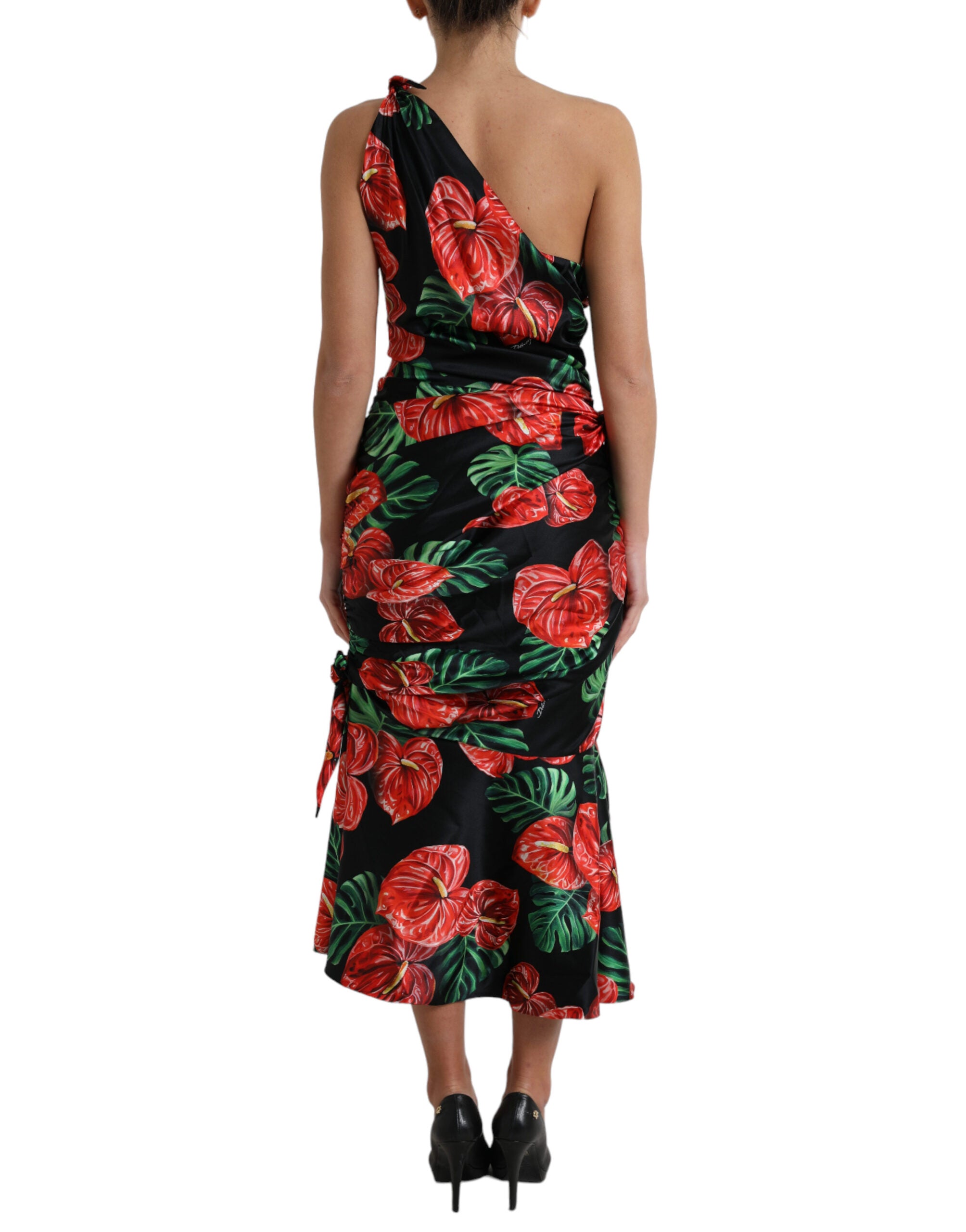 Black Shiny Silk Floral Print Draped Dress - ventzia