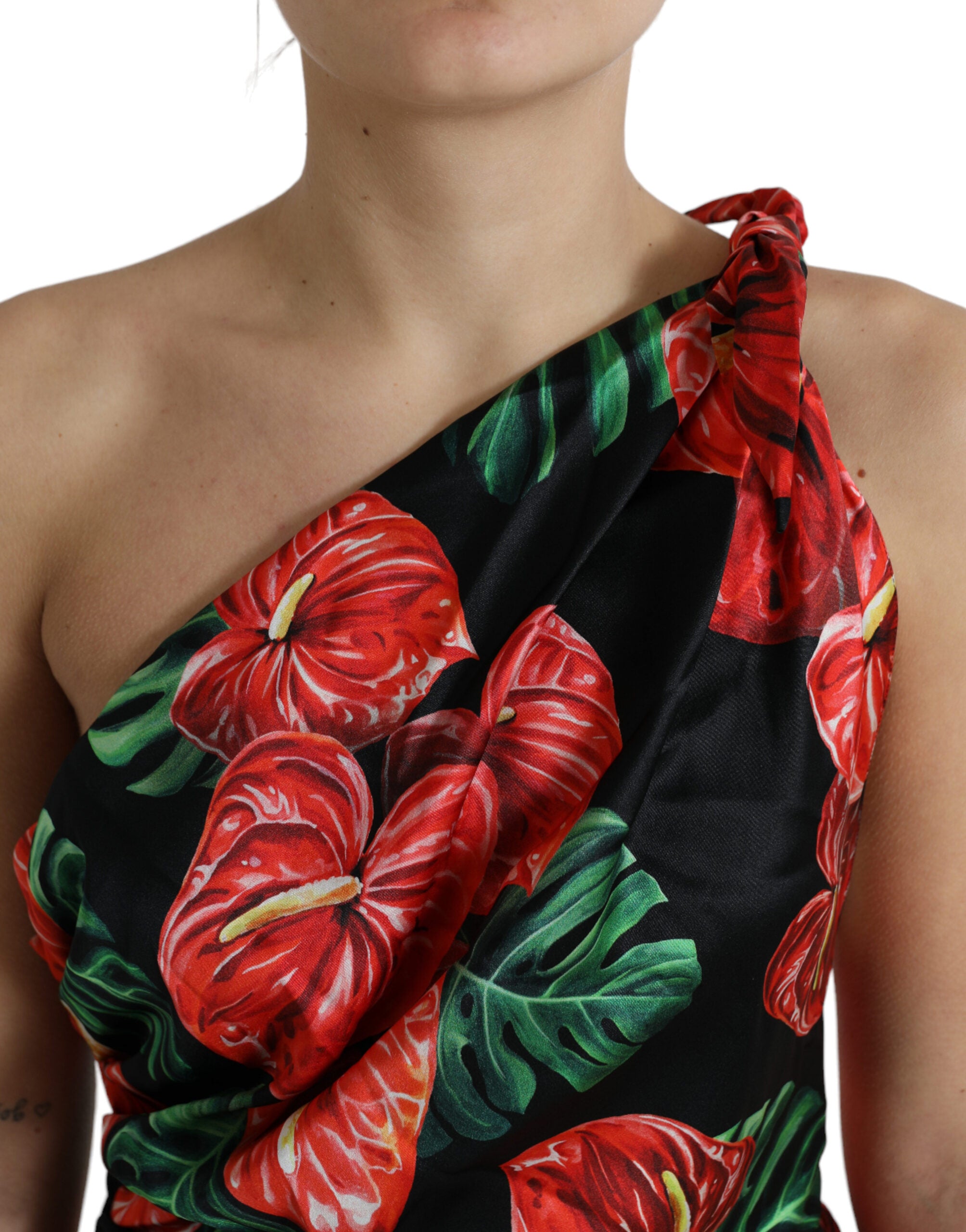 Black Shiny Silk Floral Print Draped Dress - ventzia