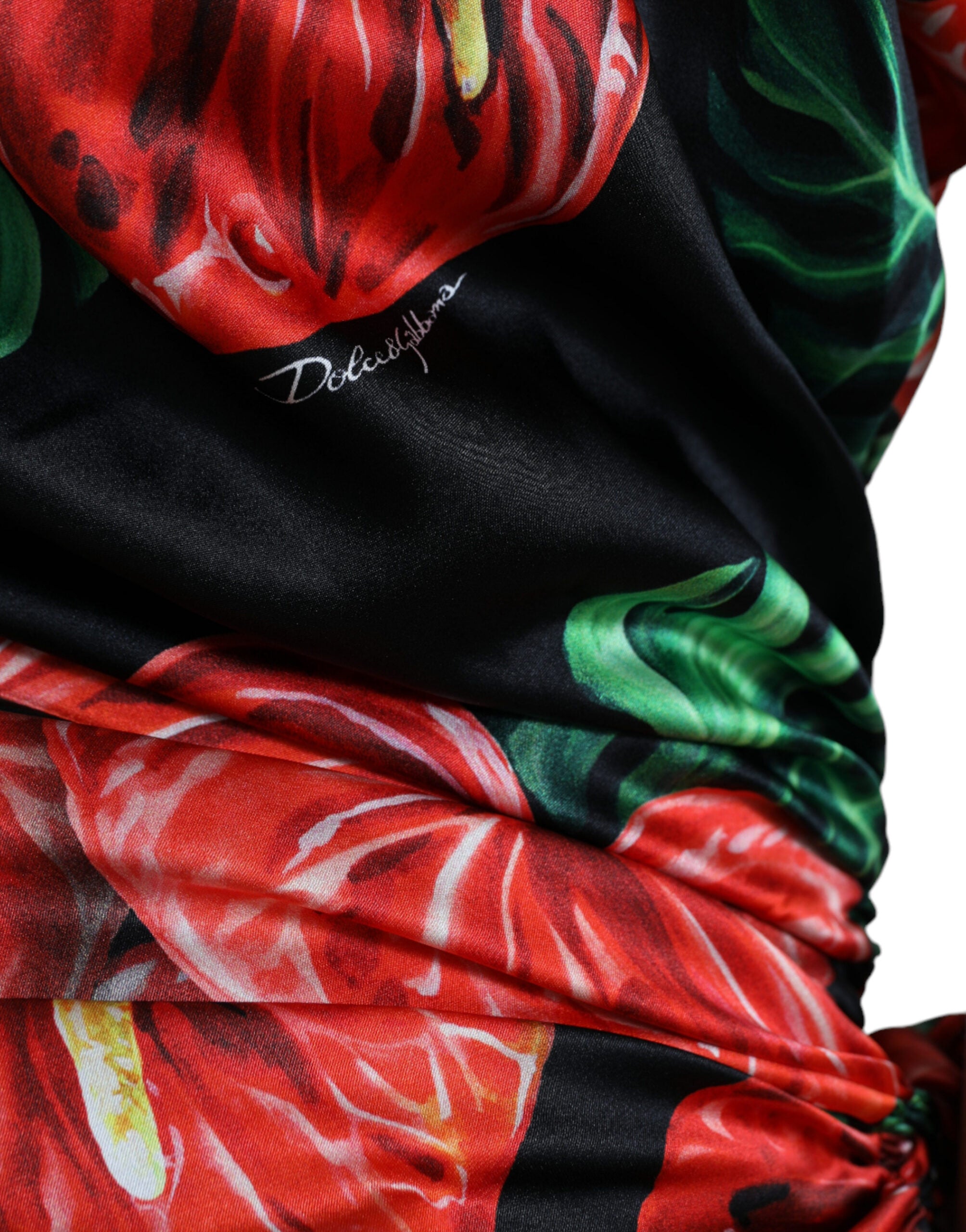 Black Shiny Silk Floral Print Draped Dress - ventzia