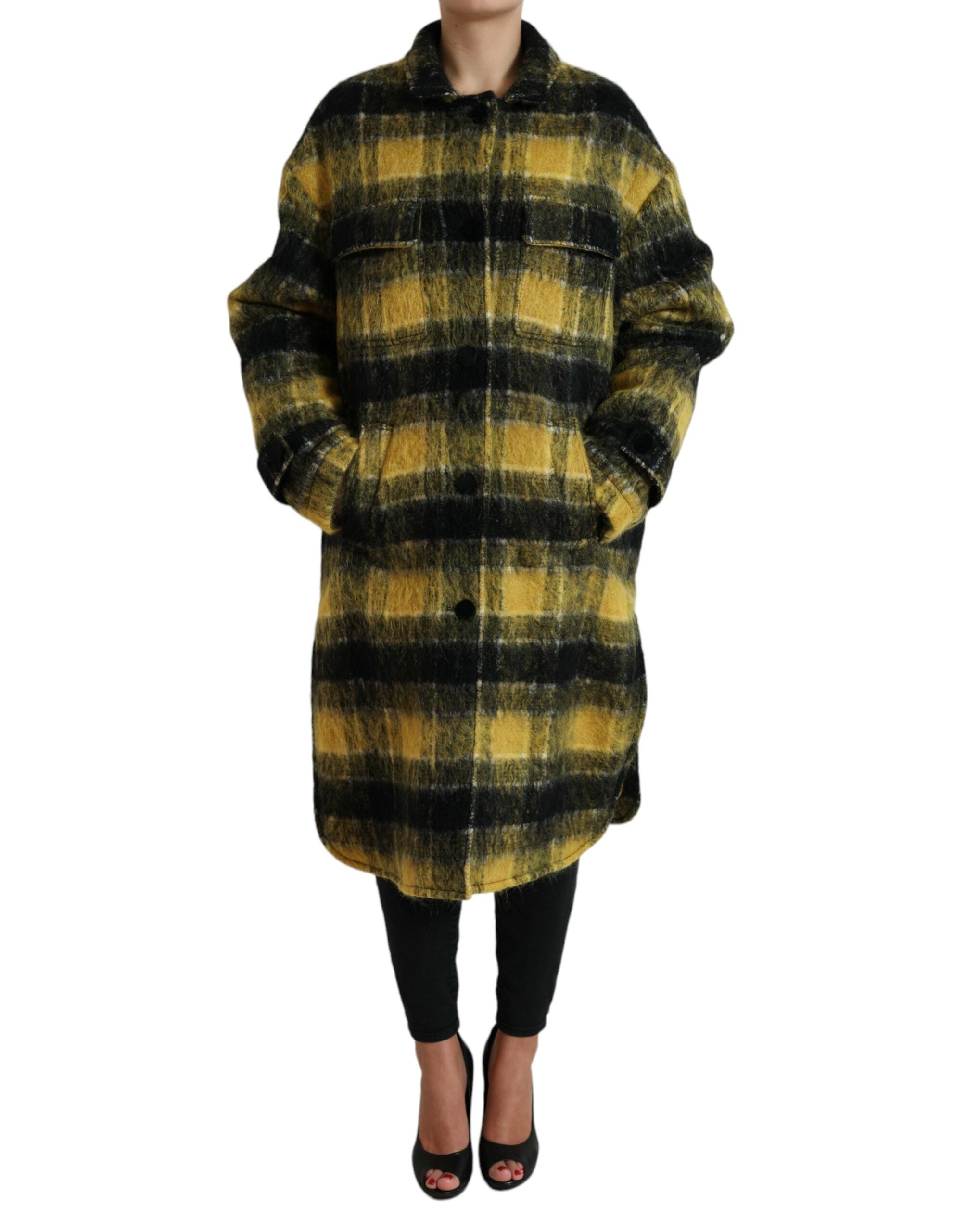 Yellow Plaid Long Sleeve Casual Coat Jacket - ventzia