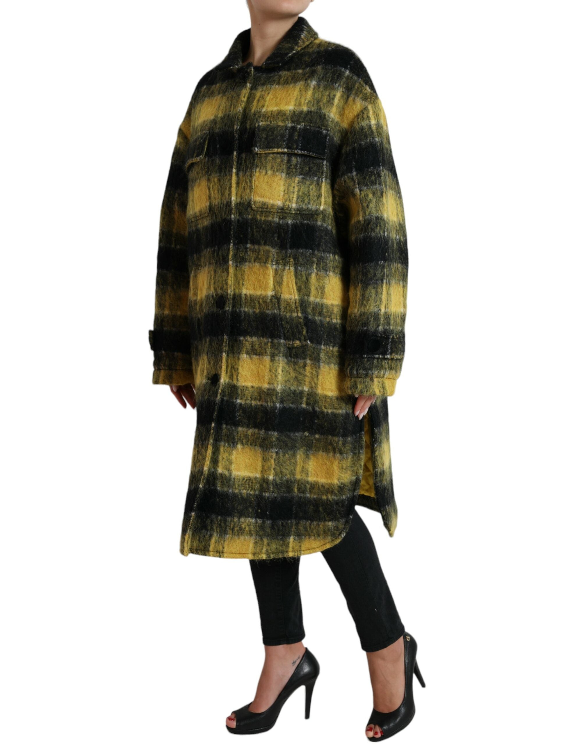 Yellow Plaid Long Sleeve Casual Coat Jacket - ventzia