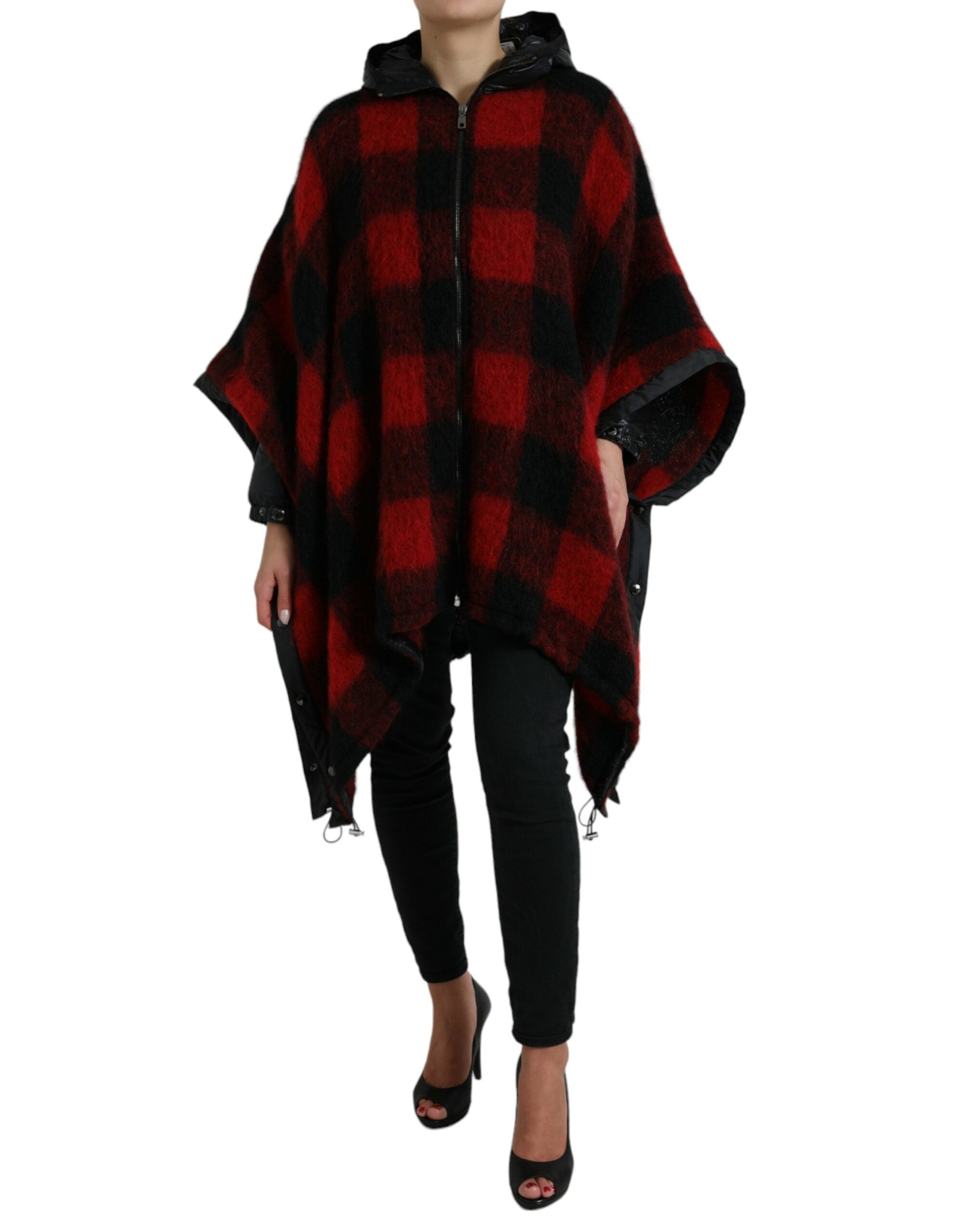 Black Red Buffalo Check Hooded Poncho Jacket - ventzia
