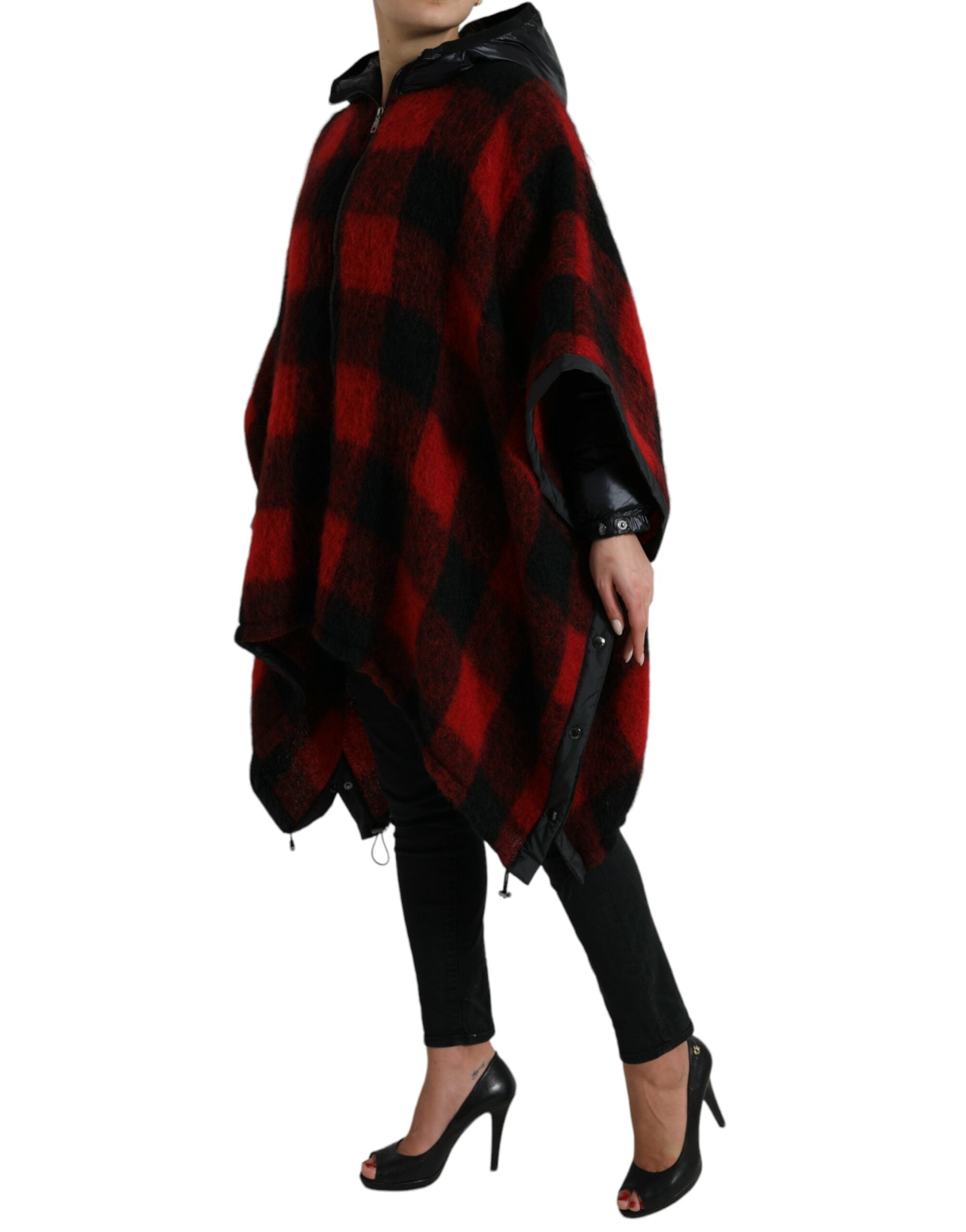 Black Red Buffalo Check Hooded Poncho Jacket - ventzia