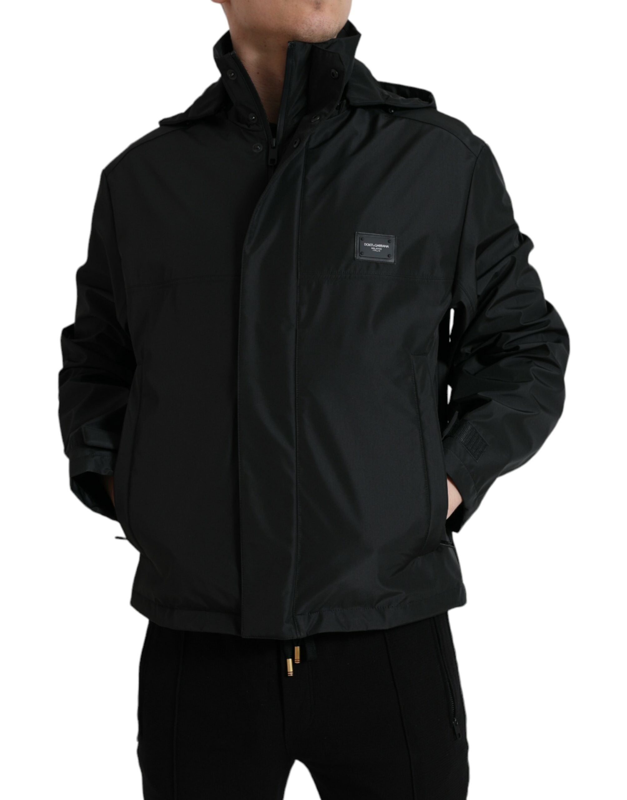 Black Polyester Logo Plaque Hooded Jacket - ventzia