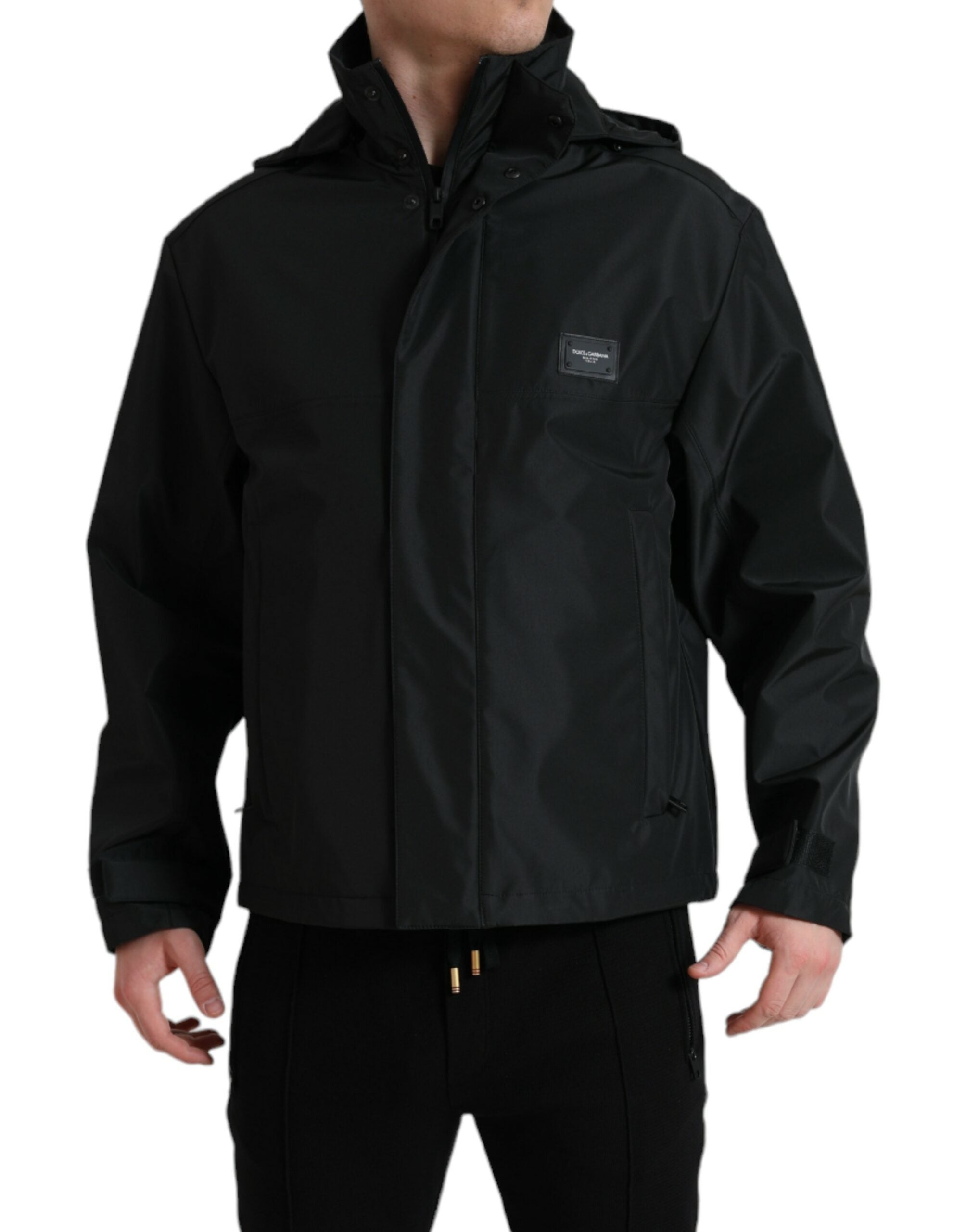 Black Polyester Logo Plaque Hooded Jacket - ventzia