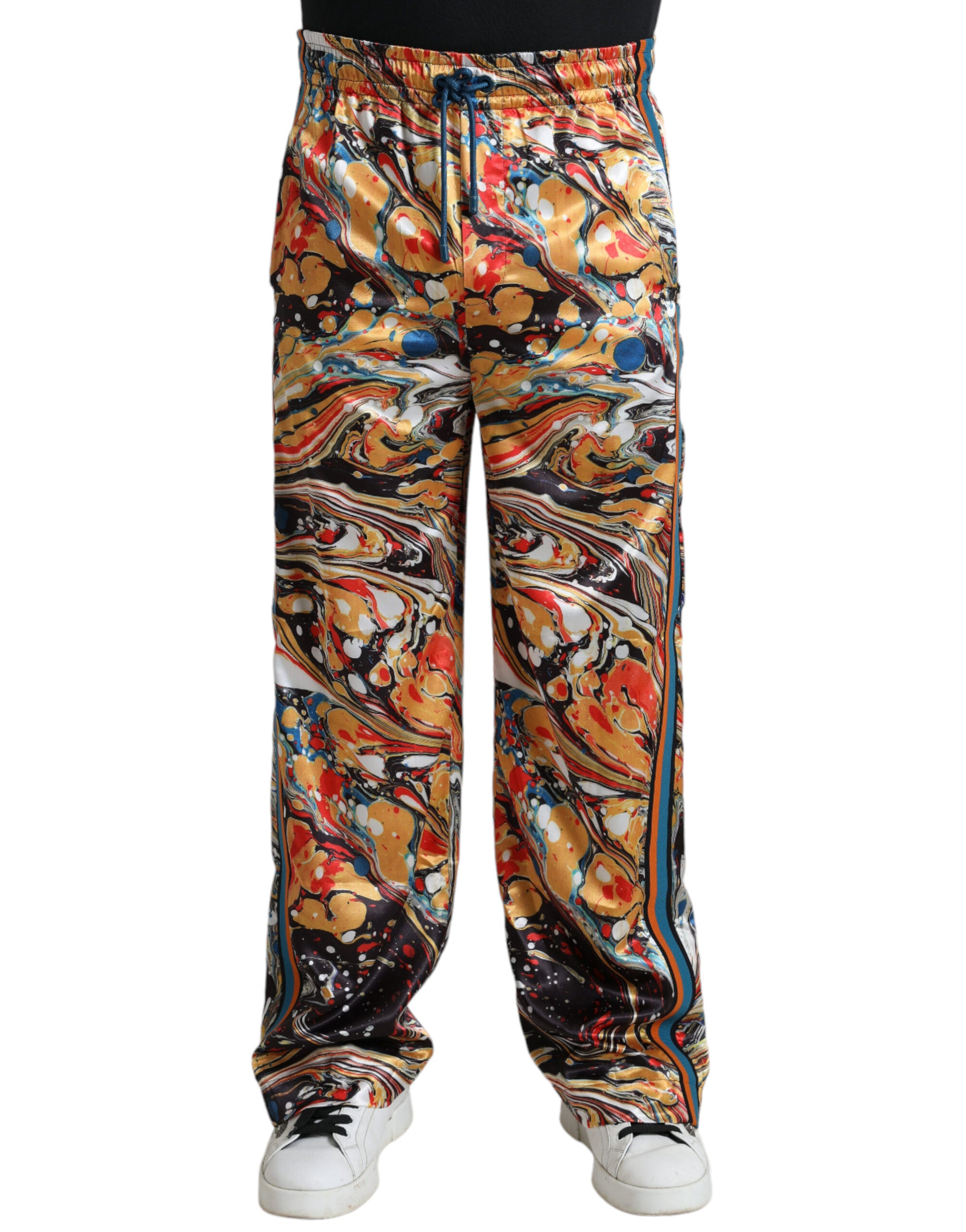 Multicolor Marble Print Satin Pants - ventzia