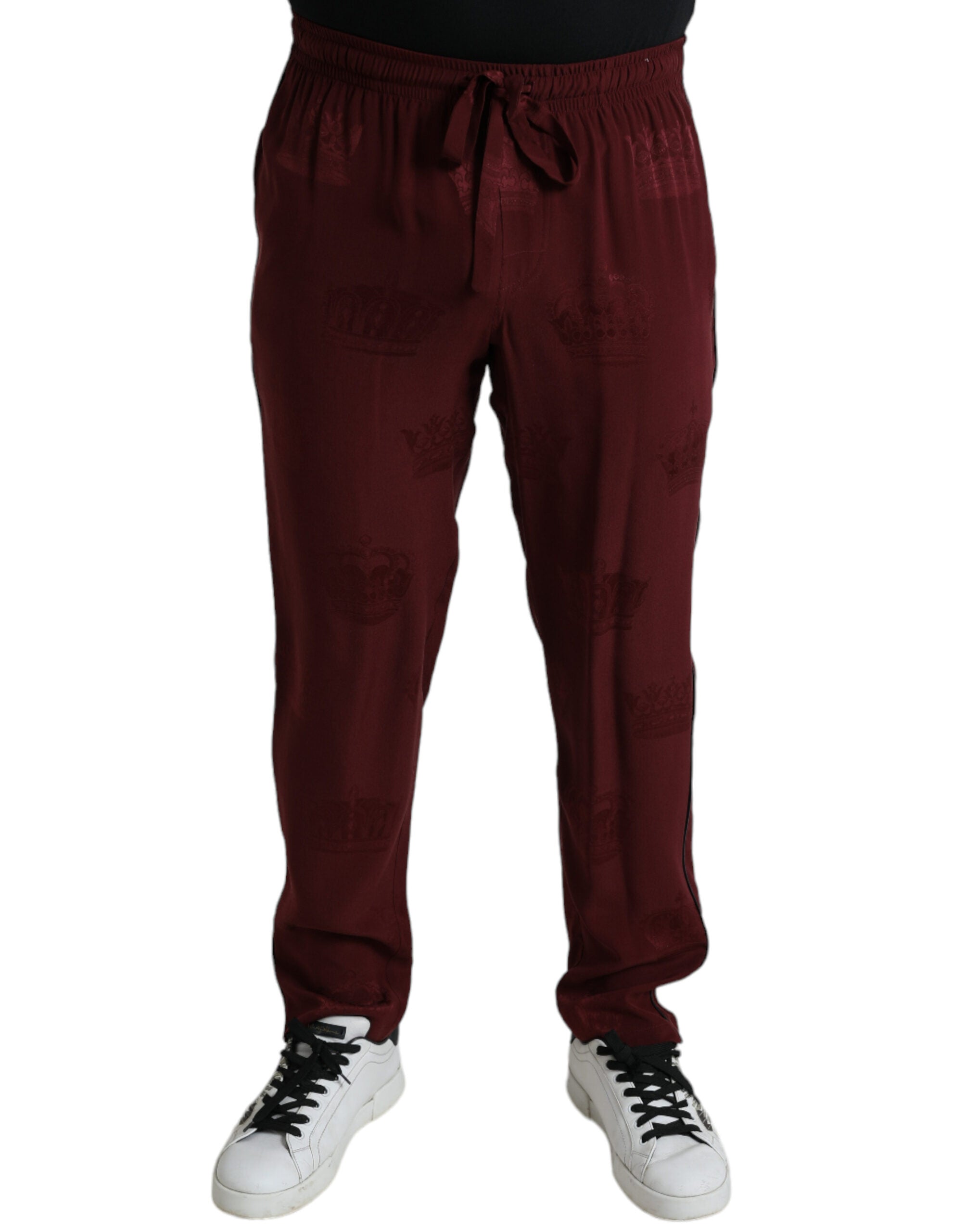 Maroon Crown Pattern Silk Pajama Pants - ventzia