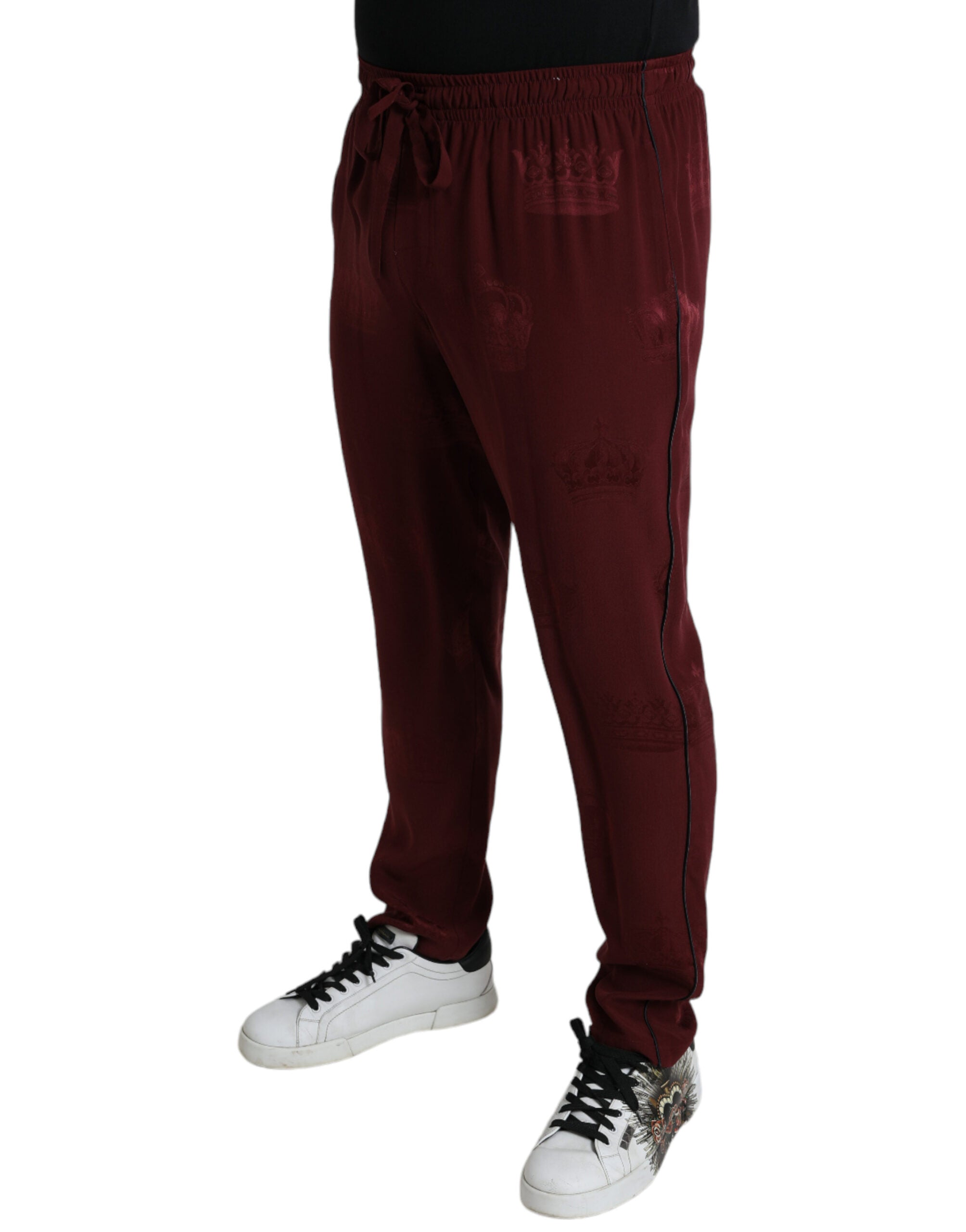 Maroon Crown Pattern Silk Pajama Pants - ventzia