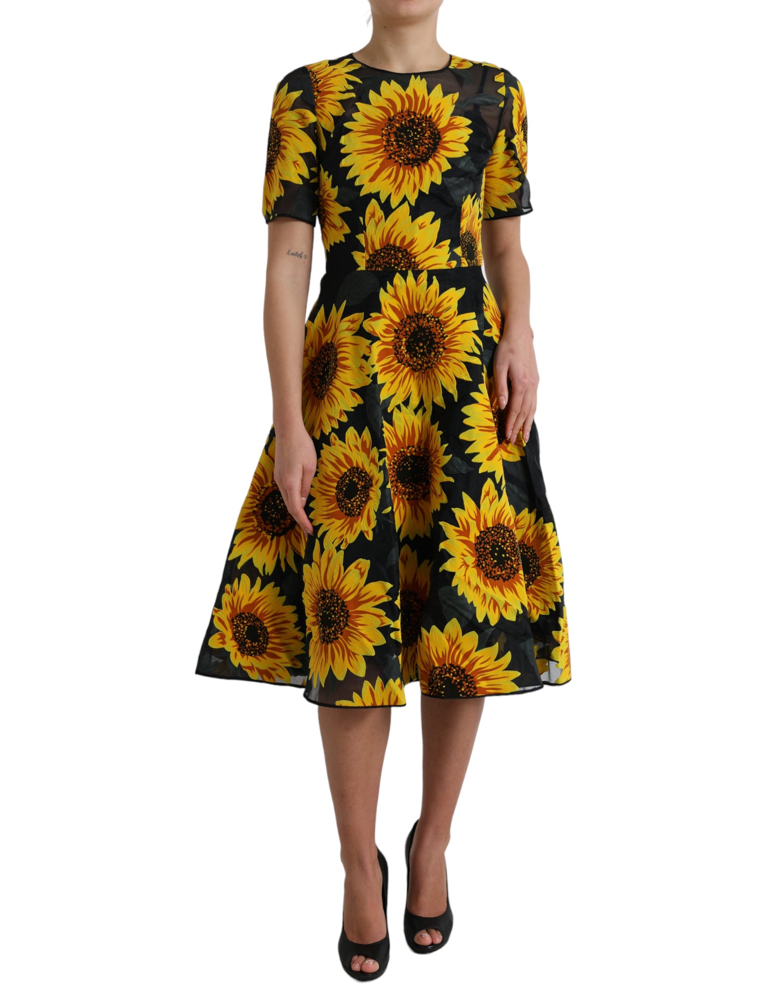 Black Sunflower Print Nylon A-line Midi Dress - ventzia
