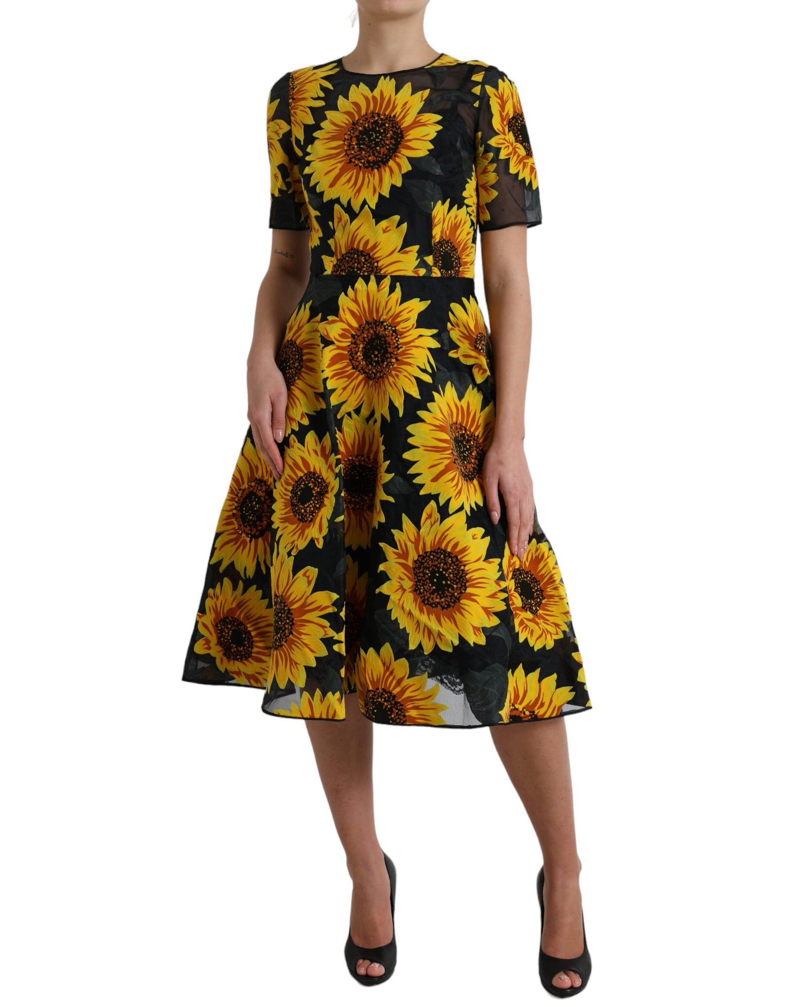Black Sunflower Print Nylon A-line Midi Dress - ventzia