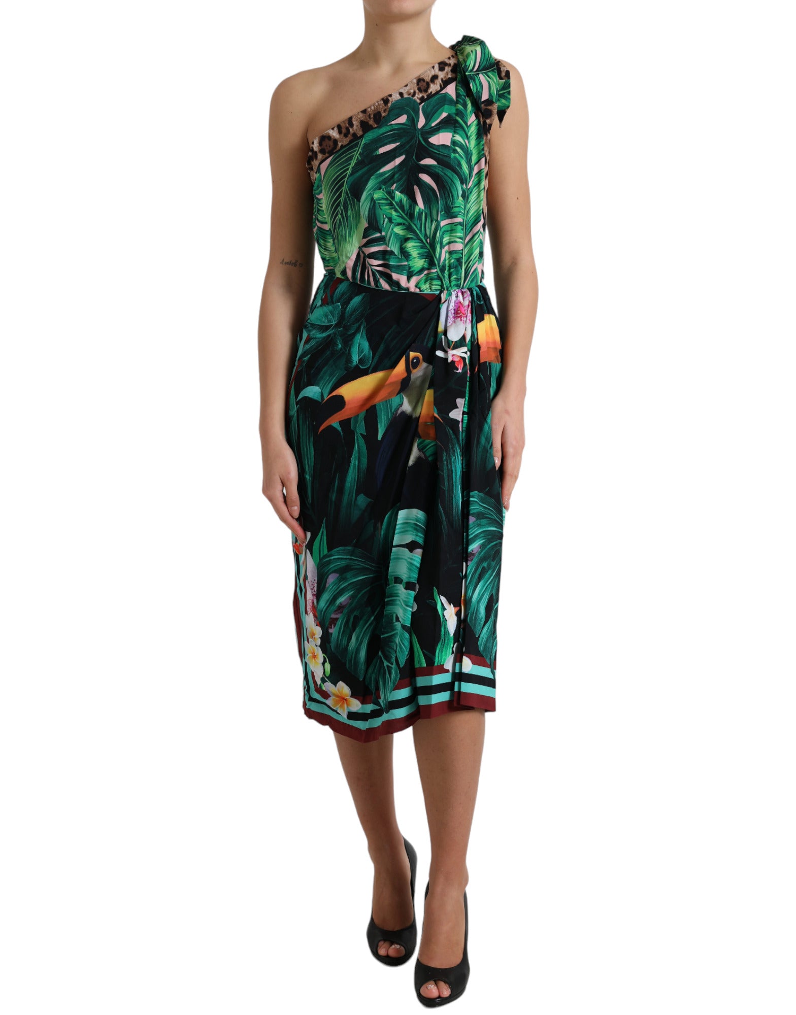 Green Tropical Jungle Print One Shoulder Midi Dress - ventzia