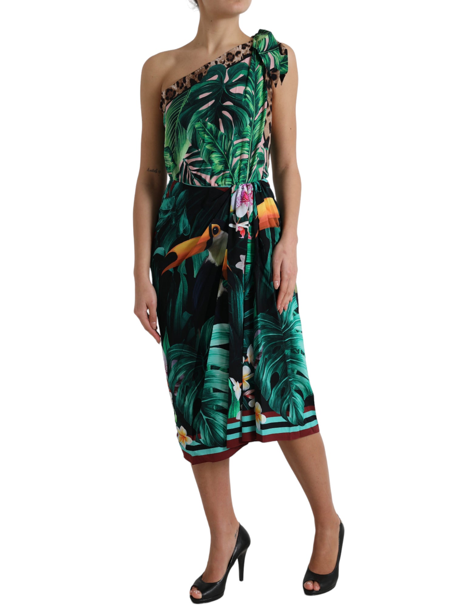 Green Tropical Jungle Print One Shoulder Midi Dress - ventzia