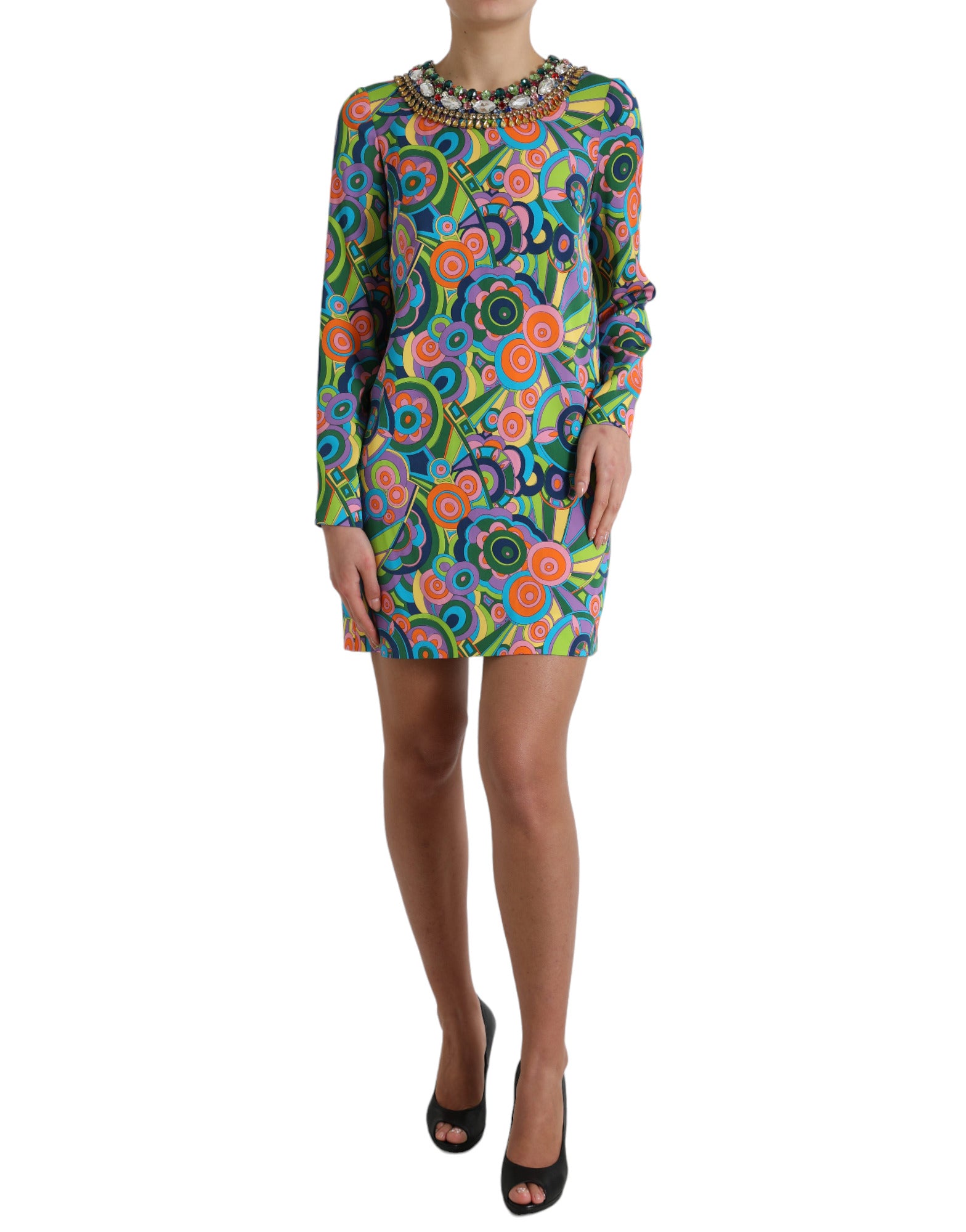 Multicolor Geometric Print Silk Crystals Midi Dress - ventzia