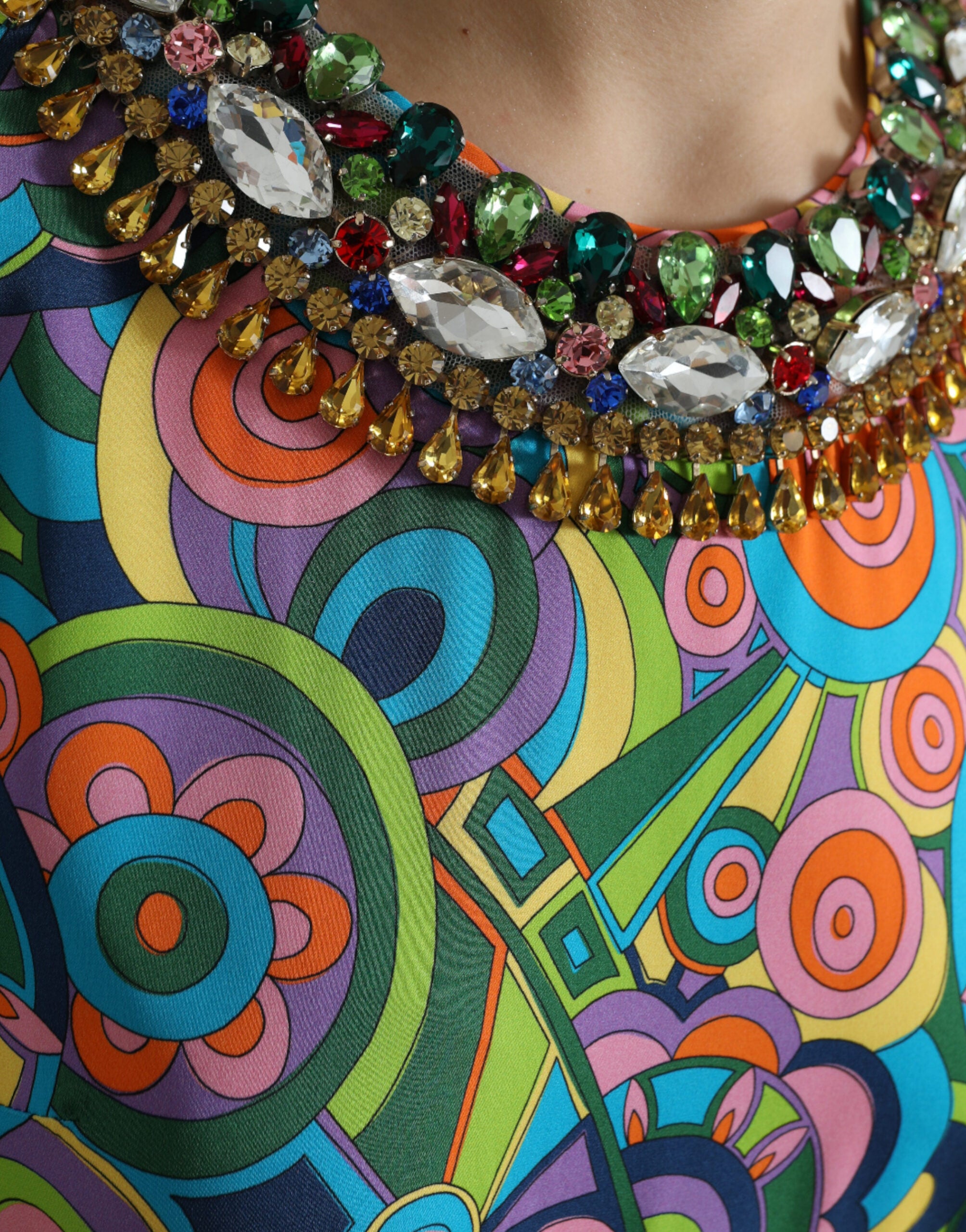 Multicolor Geometric Print Silk Crystals Midi Dress - ventzia