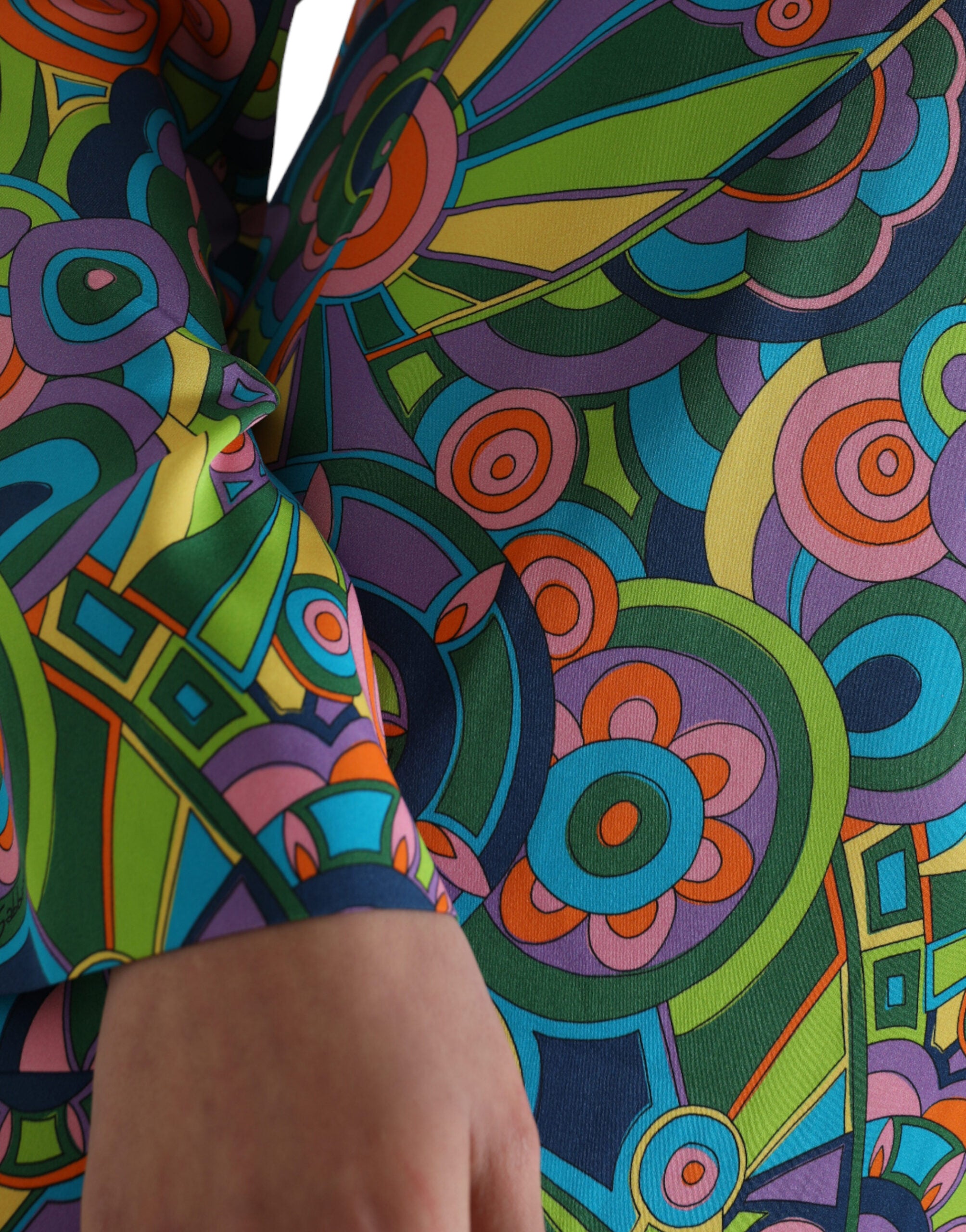 Multicolor Geometric Print Silk Crystals Midi Dress - ventzia