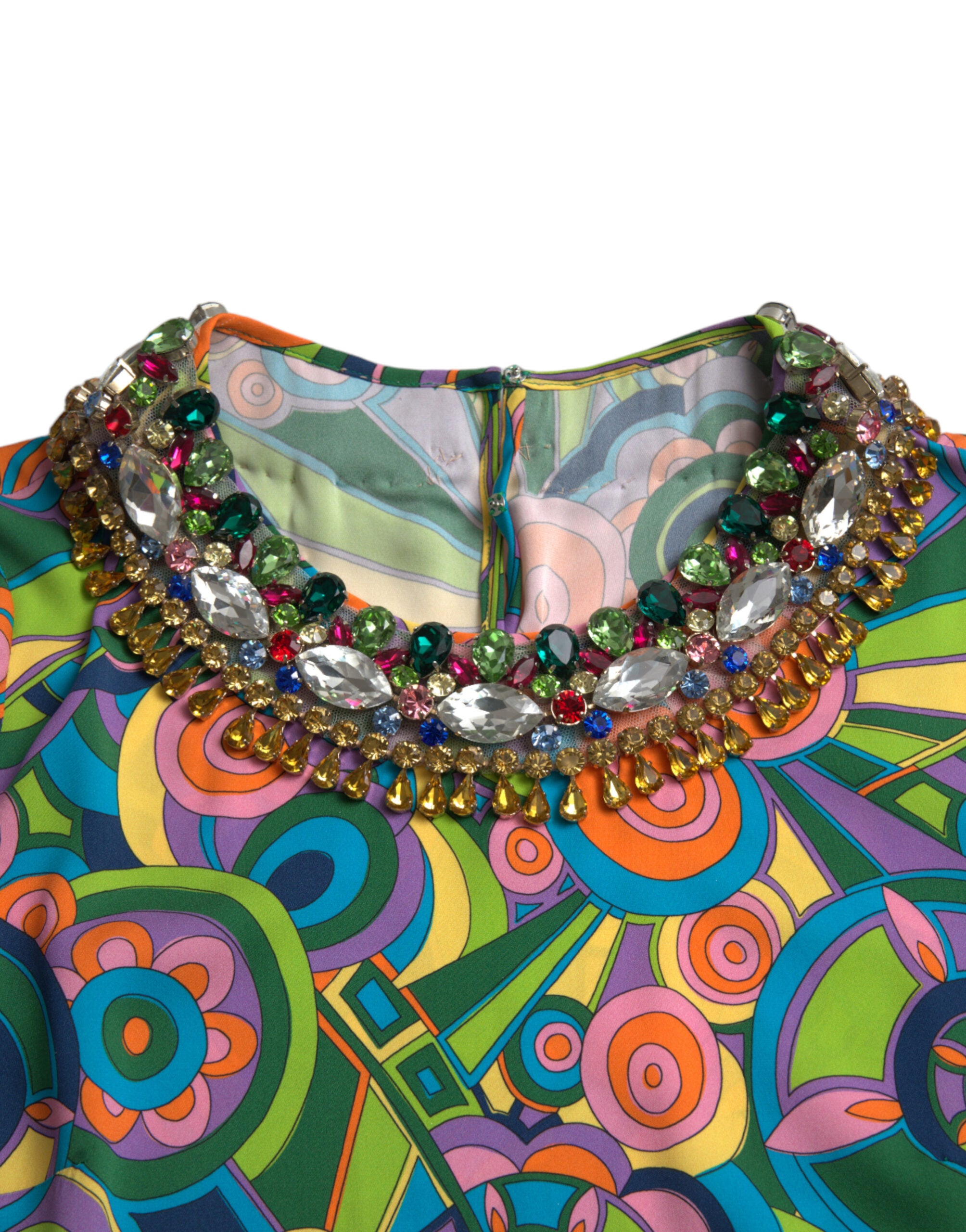 Multicolor Geometric Print Silk Crystals Midi Dress - ventzia