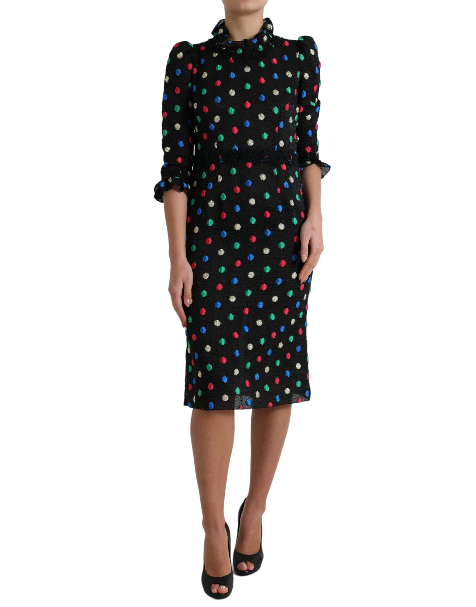 Black Polka Dot Ruffle Cotton Midi Dress - ventzia
