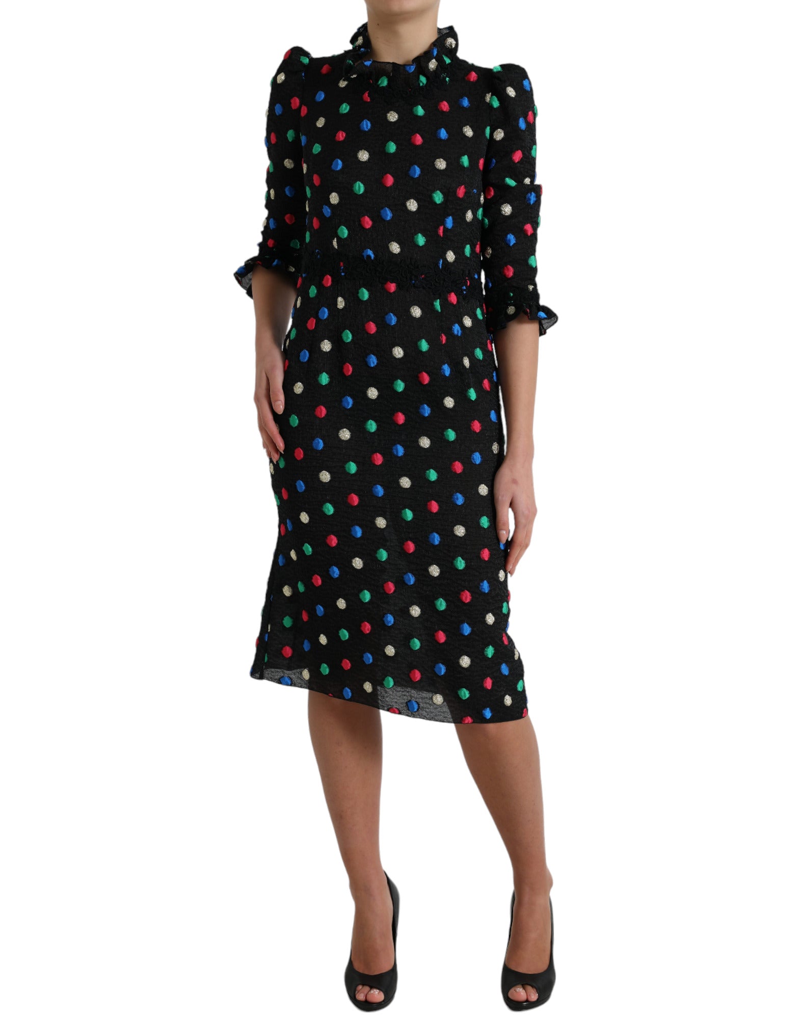 Black Polka Dot Ruffle Cotton Midi Dress - ventzia