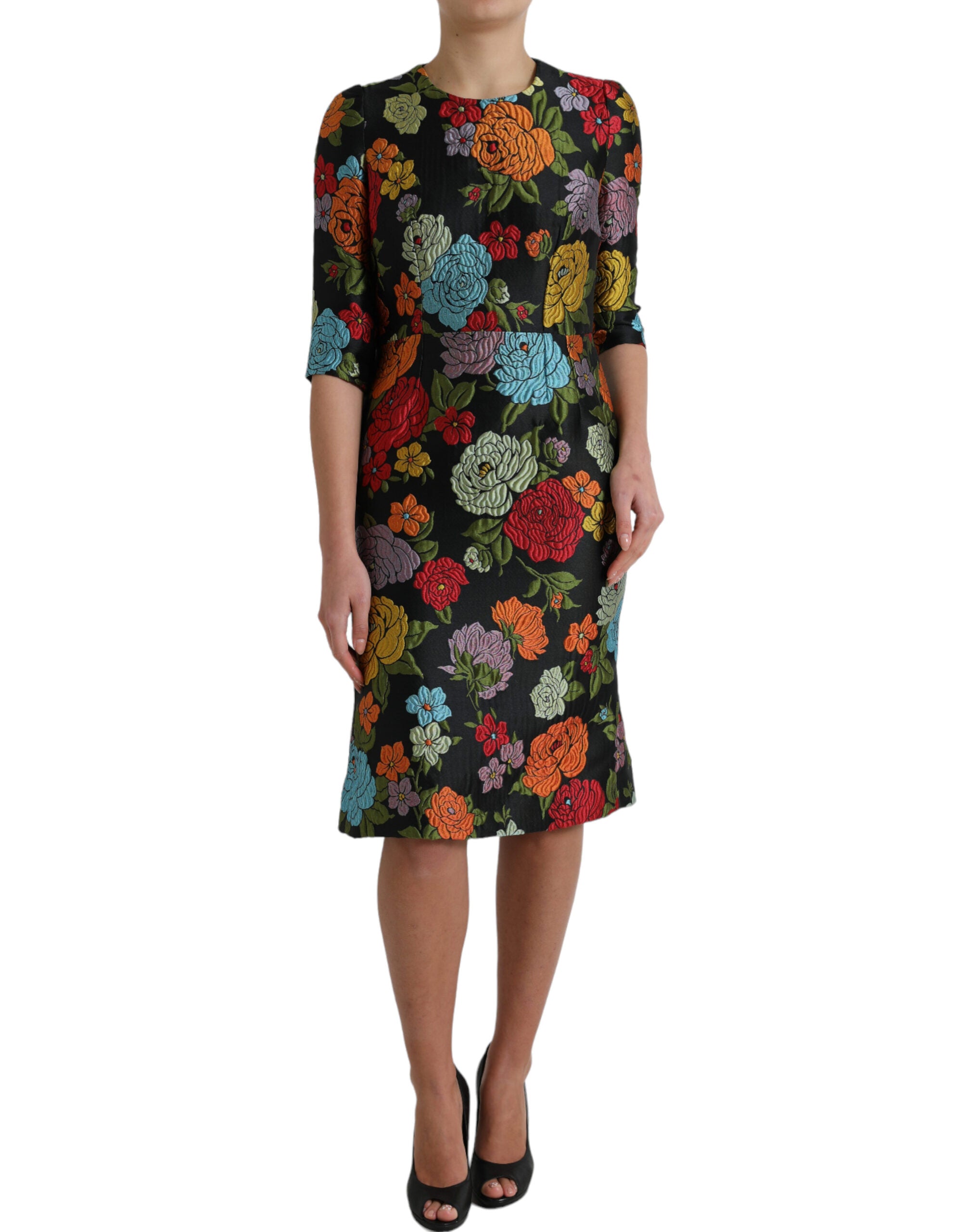 Black Floral Embroidery Knee Length Dress - ventzia