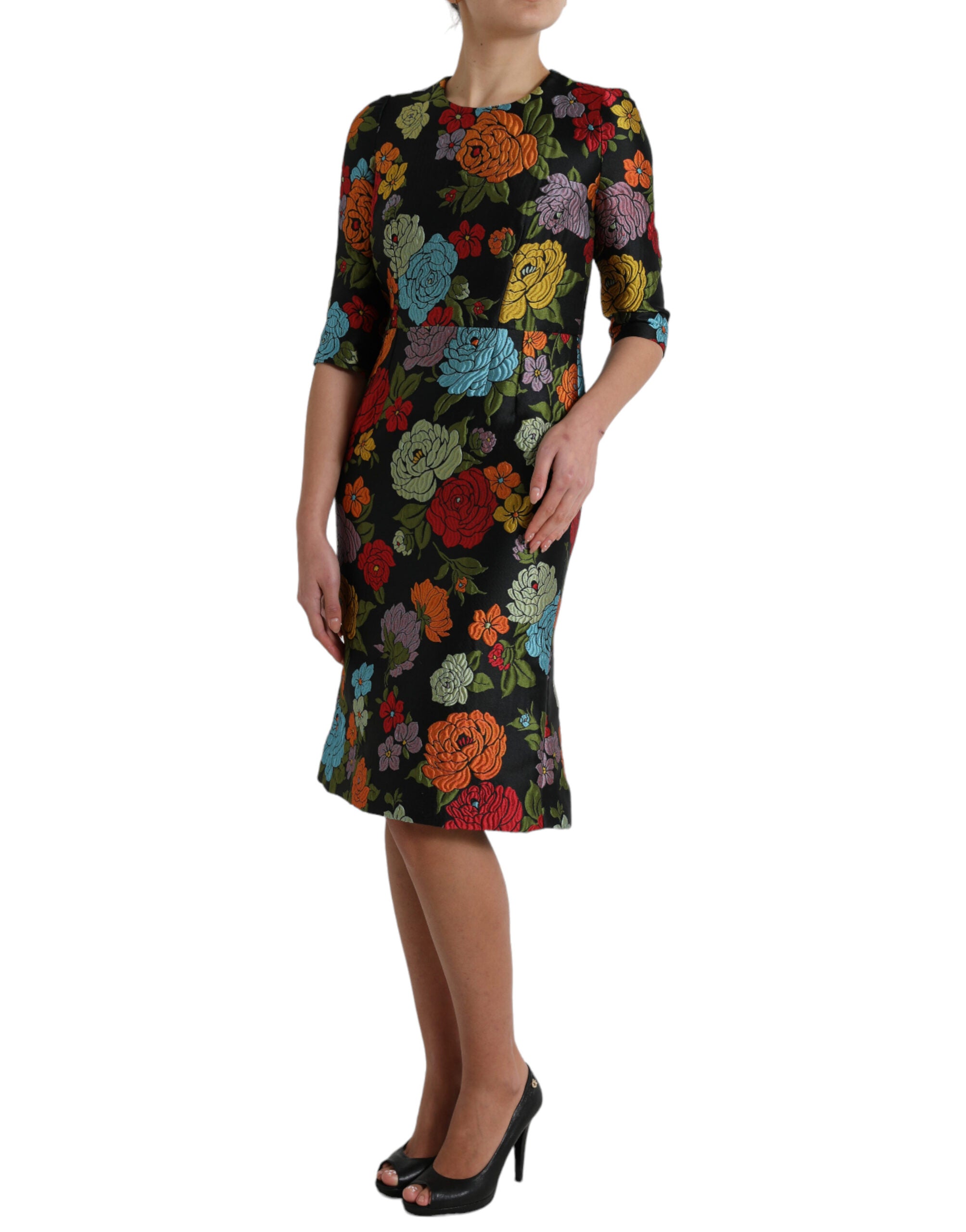 Black Floral Embroidery Knee Length Dress - ventzia