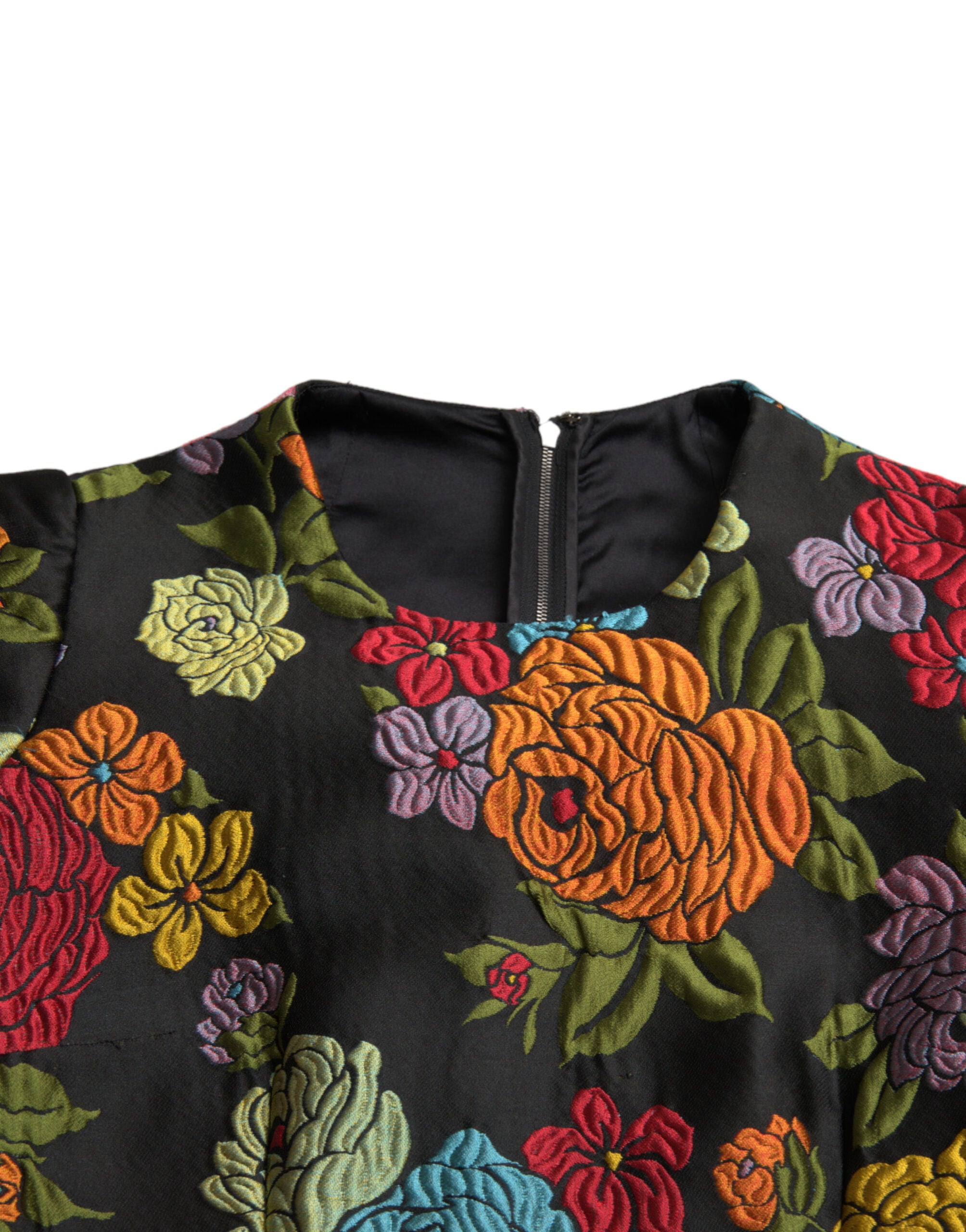 Black Floral Embroidery Knee Length Dress - ventzia