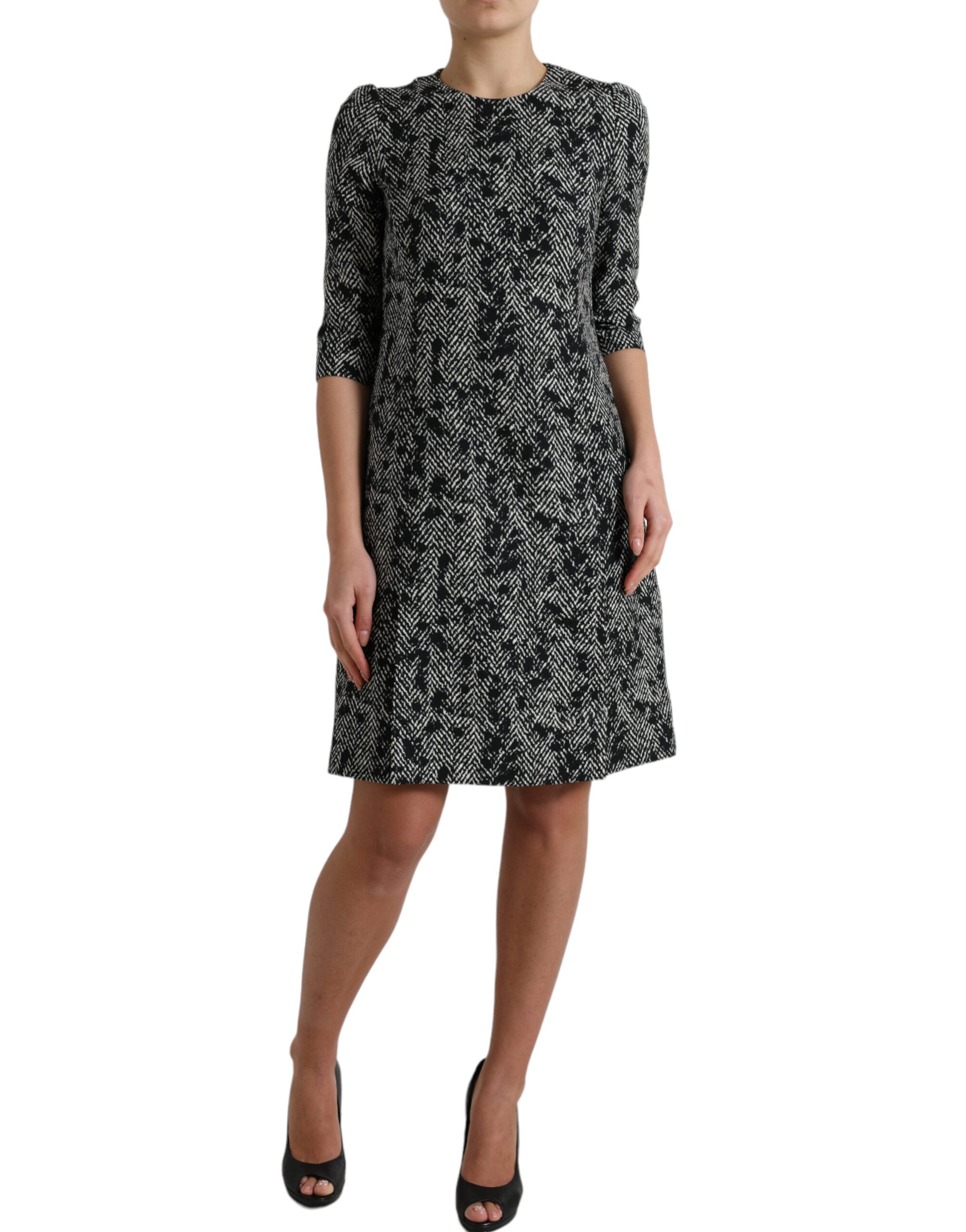 Black Chevron Polyester Shift Mini Dress - ventzia