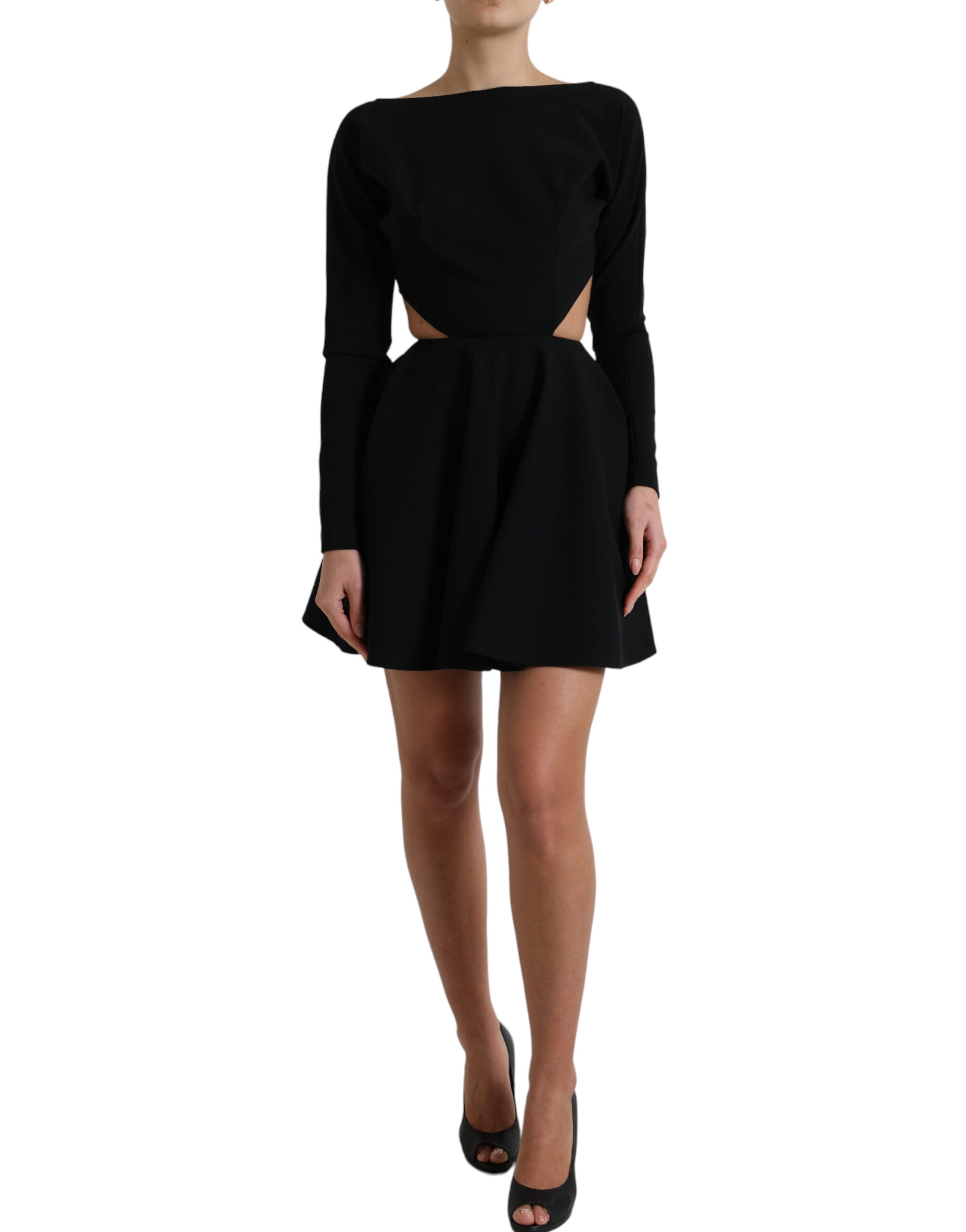 Black Viscose Cut Out A-line Long Sleeves Mini Dress - ventzia