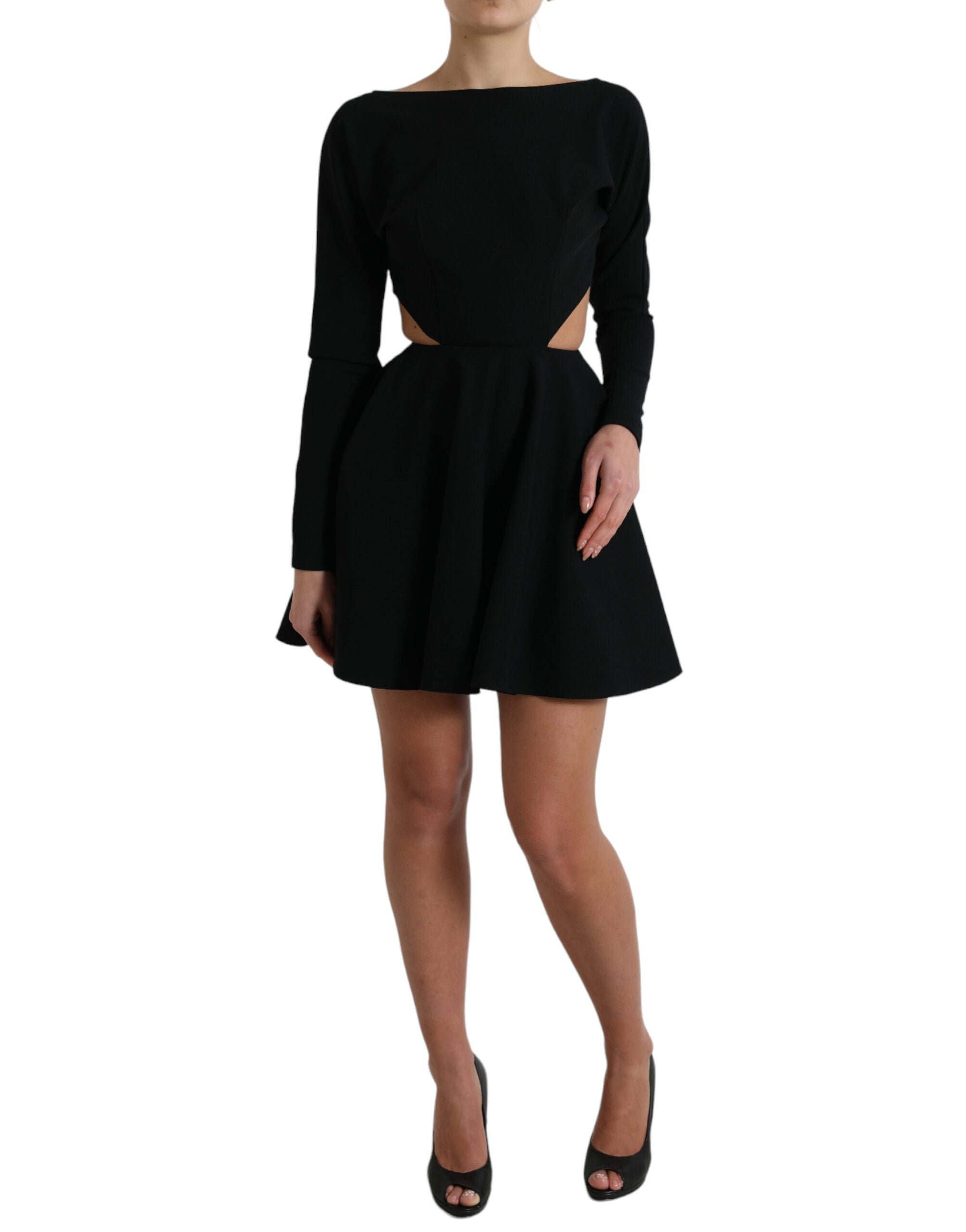 Black Viscose Cut Out A-line Long Sleeves Mini Dress - ventzia