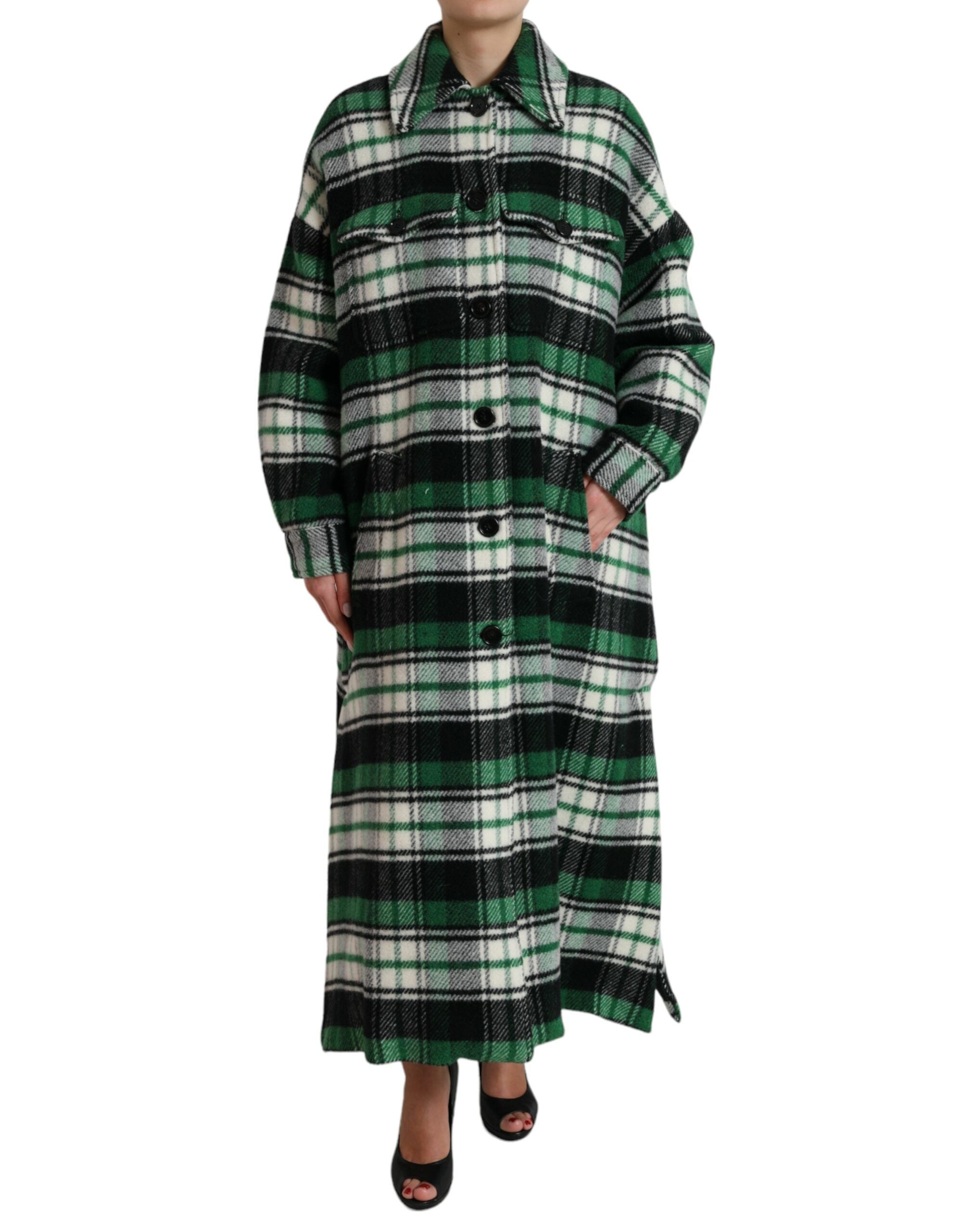 Green Plaid Long Sleeve Casual Coat Jacket - ventzia