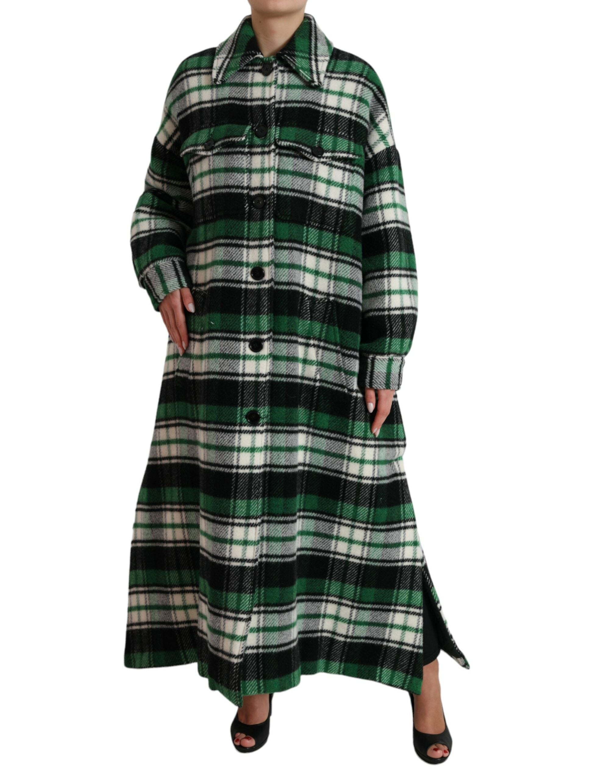 Green Plaid Long Sleeve Casual Coat Jacket - ventzia