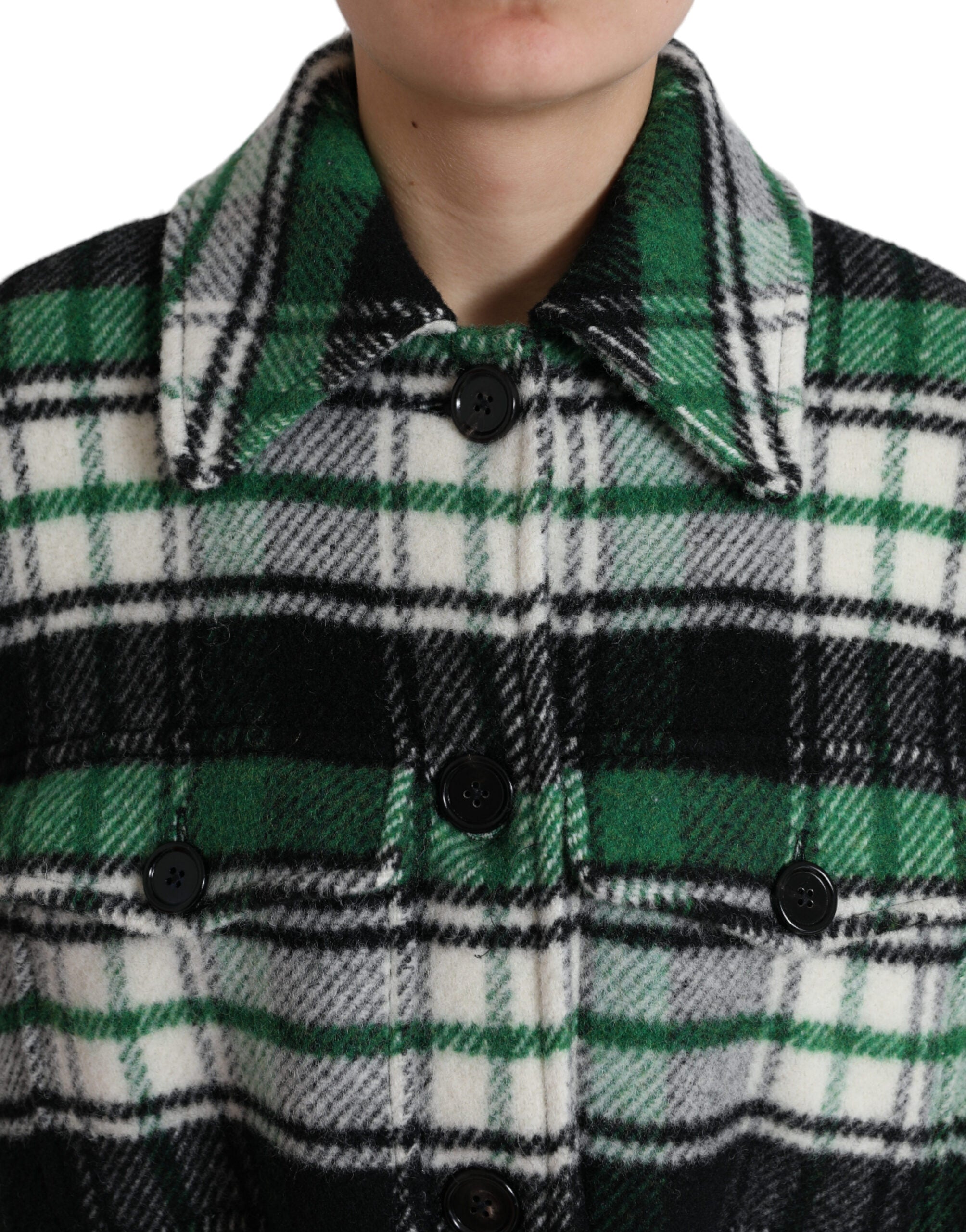 Green Plaid Long Sleeve Casual Coat Jacket - ventzia