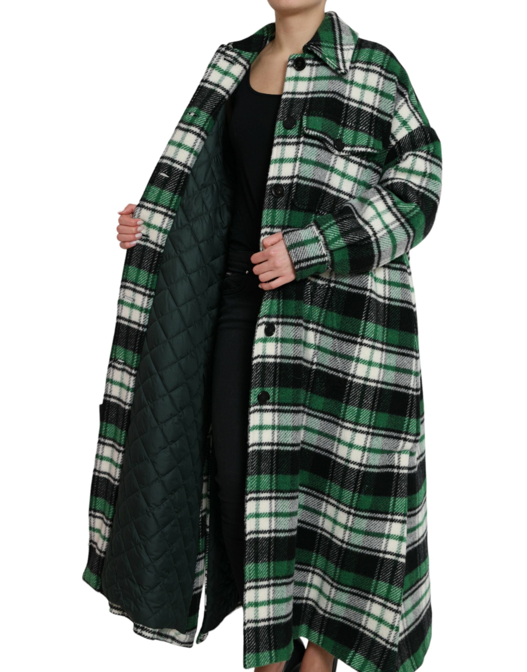 Green Plaid Long Sleeve Casual Coat Jacket - ventzia