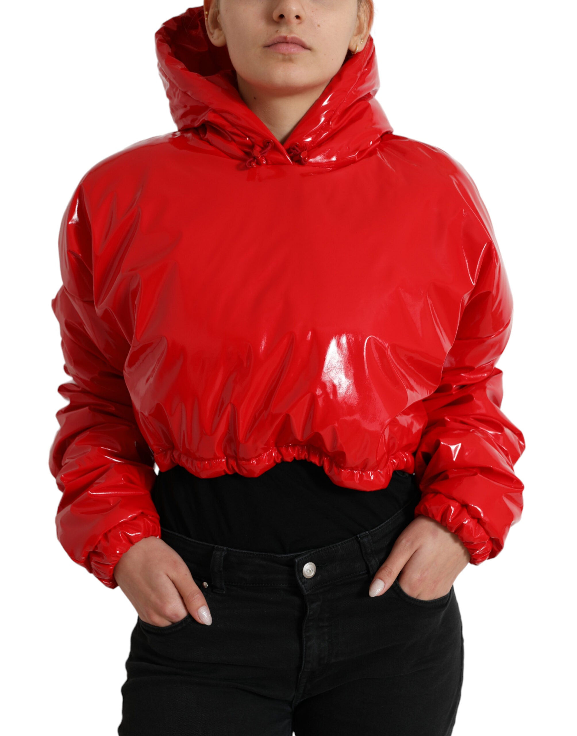 Shiny Red Hooded Cropped Short Coat Jacket - ventzia