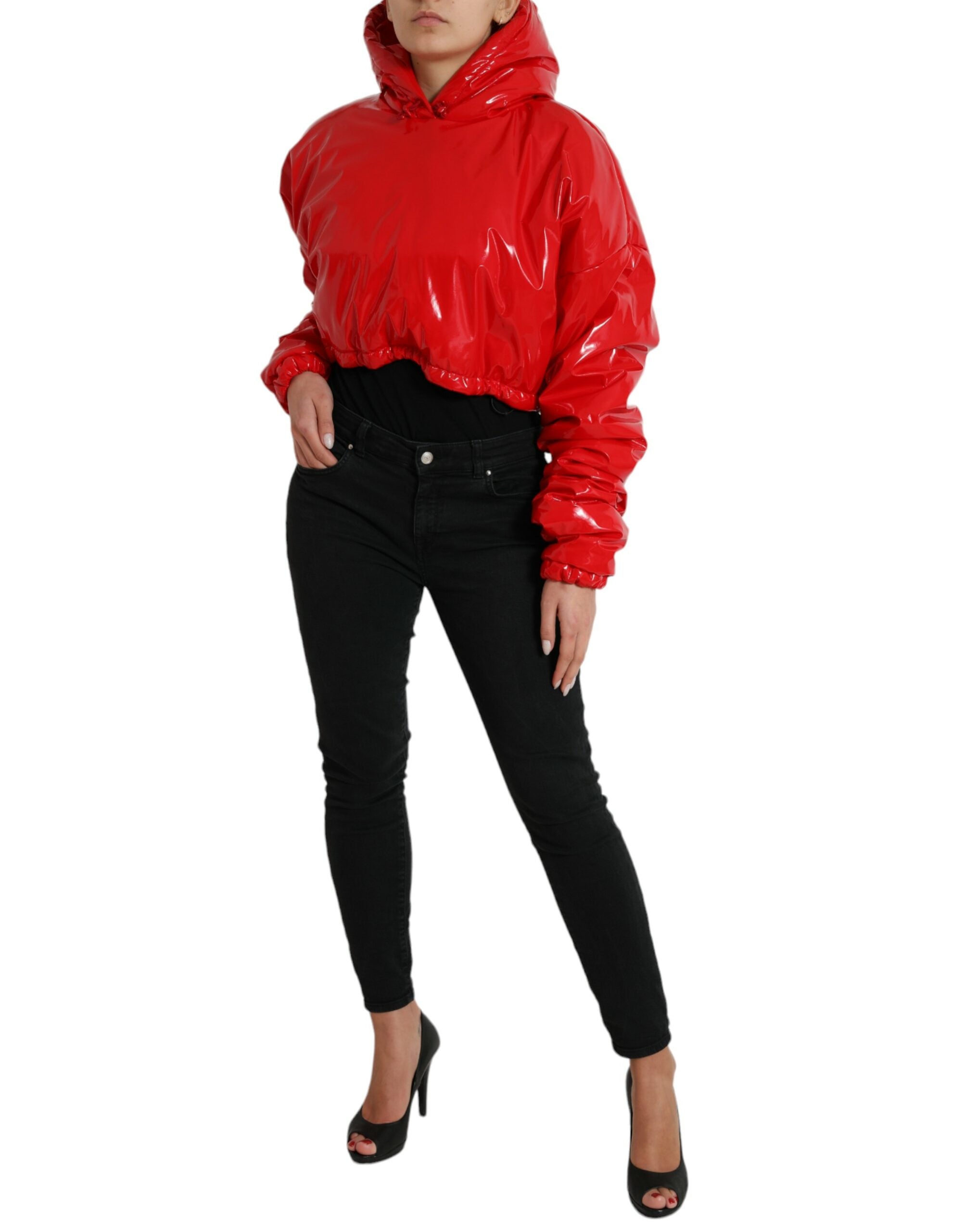 Shiny Red Hooded Cropped Short Coat Jacket - ventzia