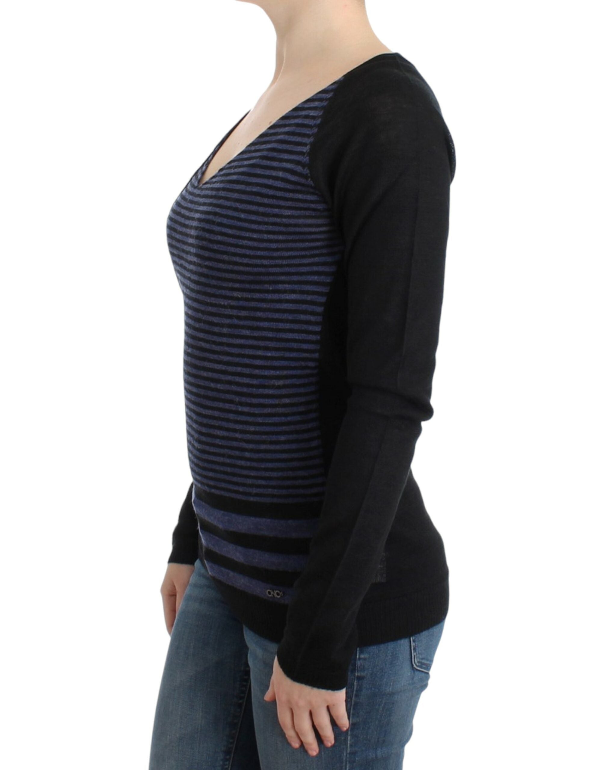 Chic Striped V-Neck Wool Blend Sweater - ventzia