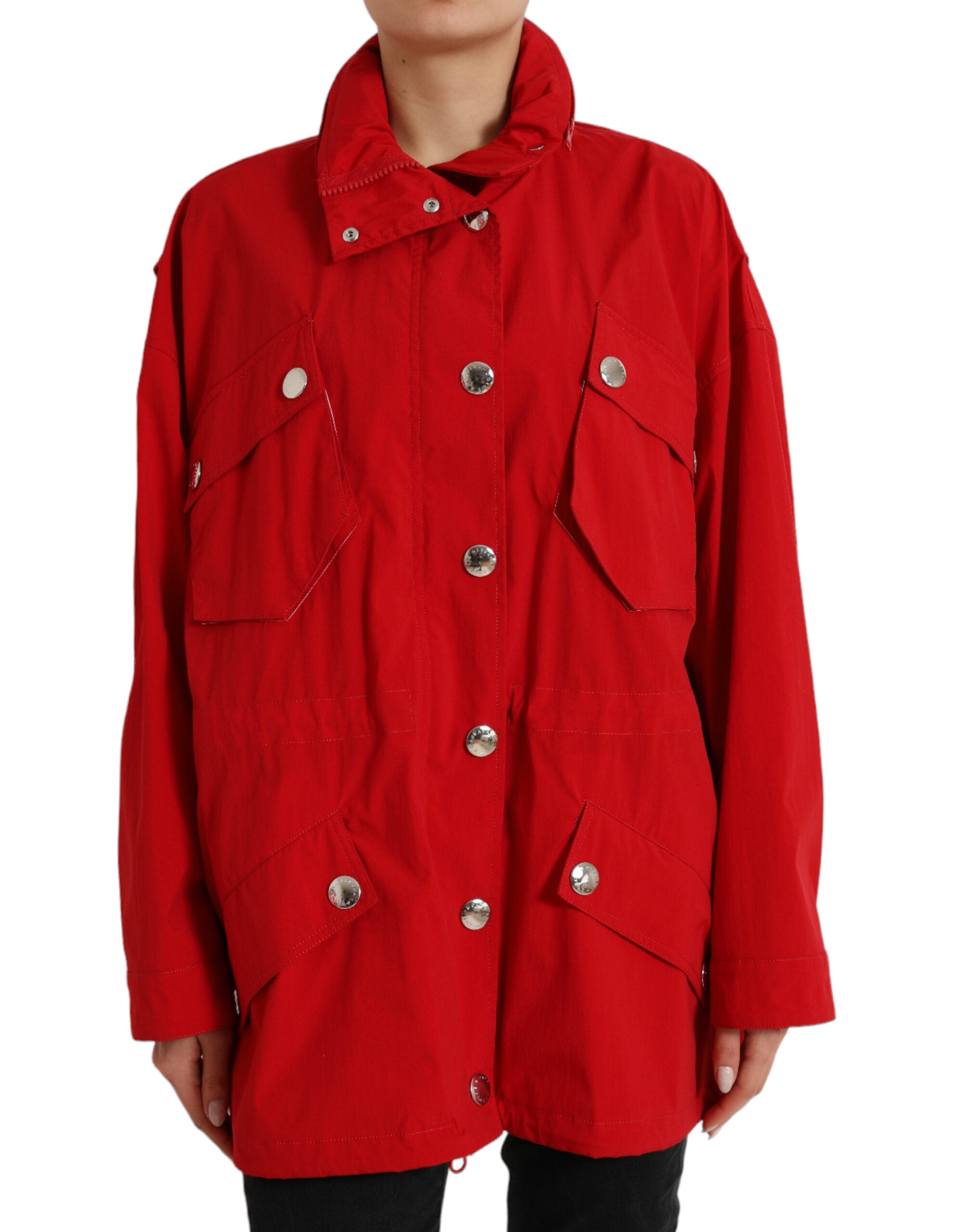 Red Polyester Hooded Button Rain Coat Jacket - ventzia