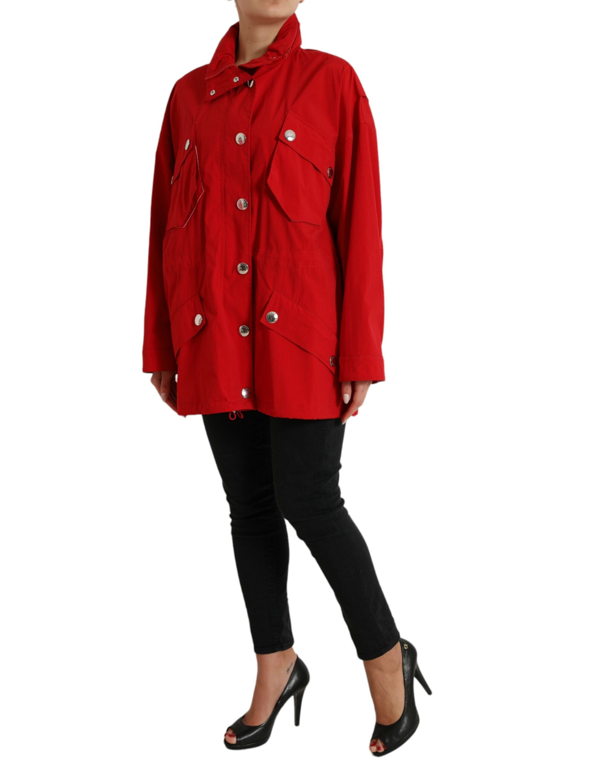 Red Polyester Hooded Button Rain Coat Jacket - ventzia