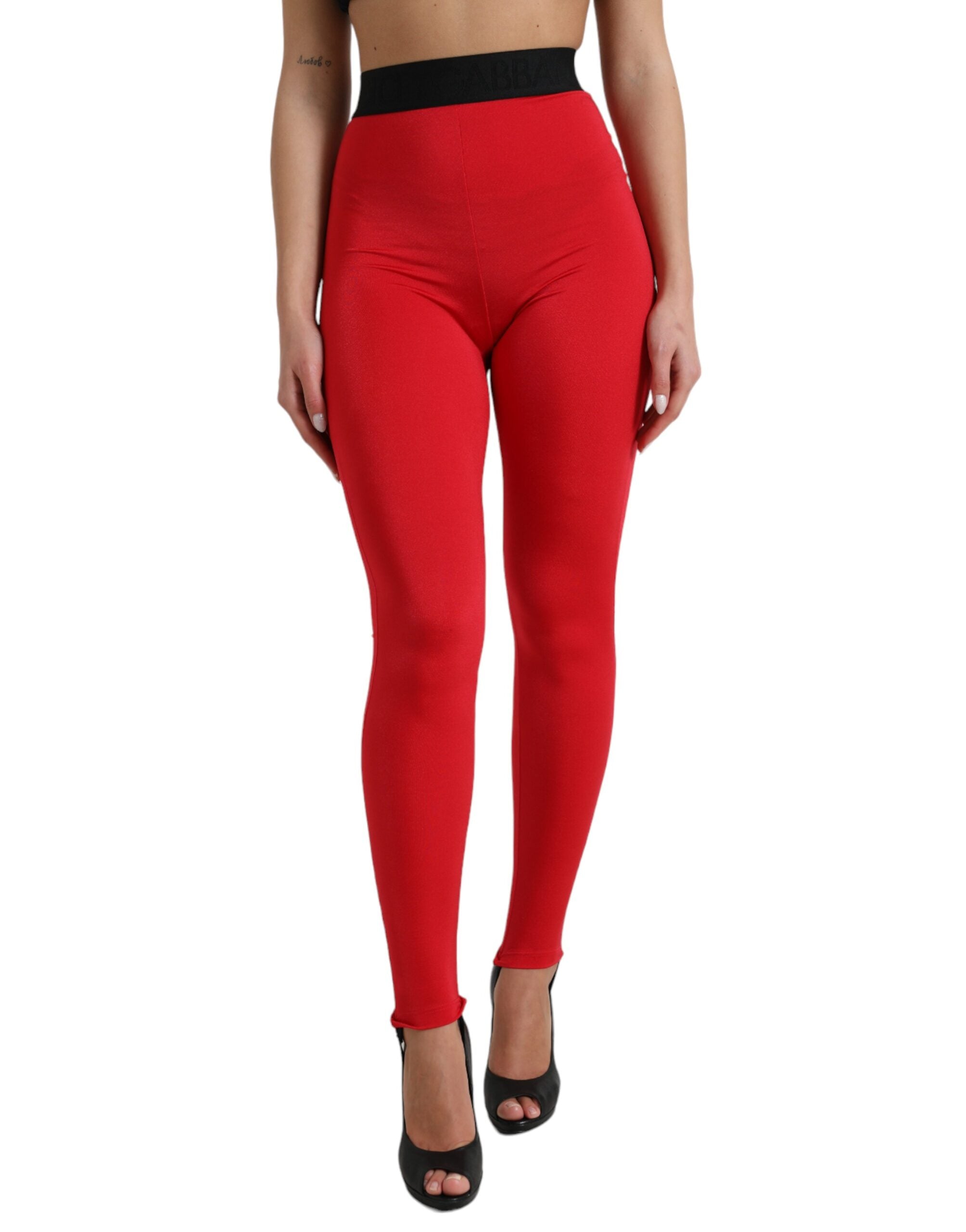 Red Nylon DG Logo Slim Leggings Pants - ventzia
