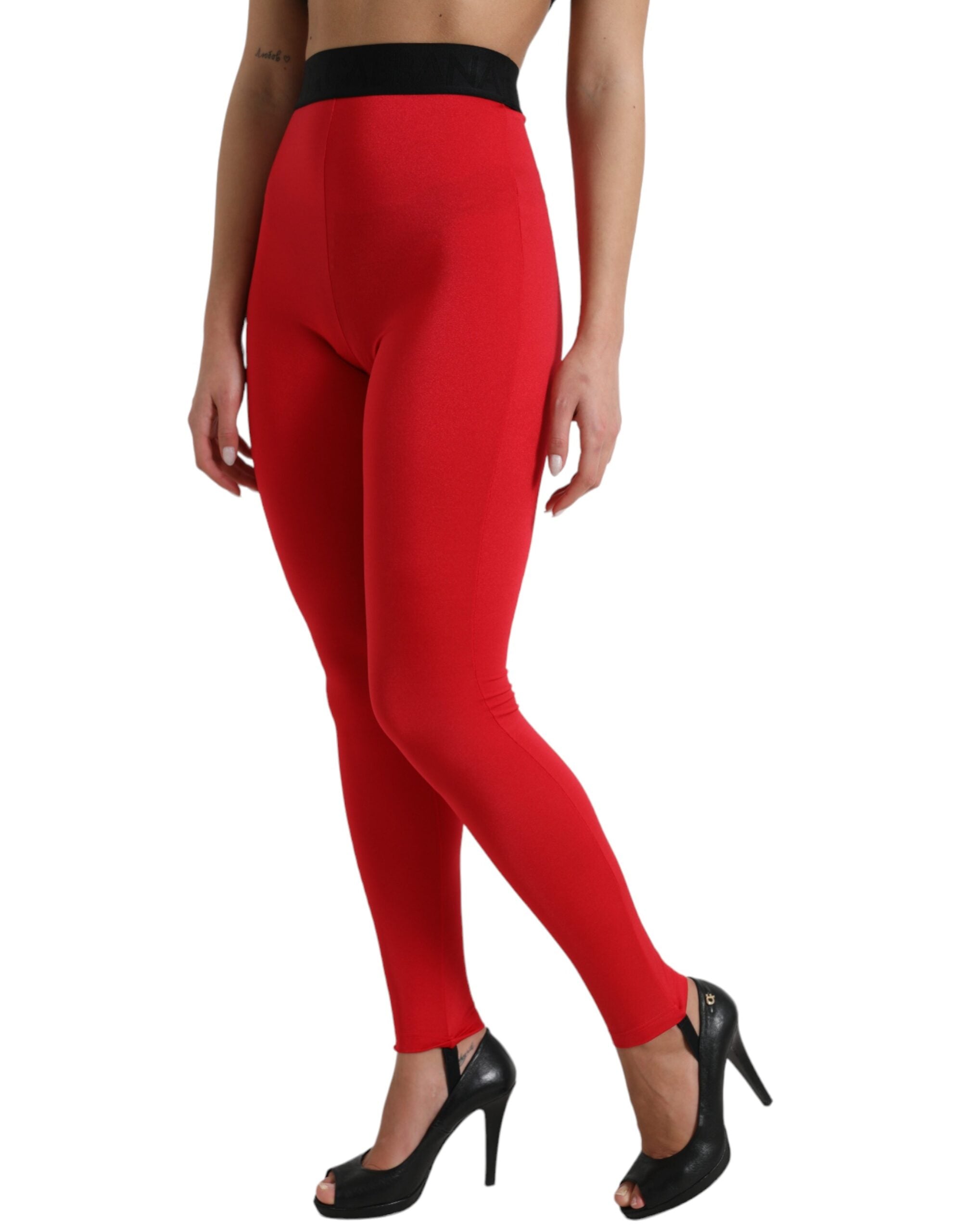 Red Nylon DG Logo Slim Leggings Pants - ventzia