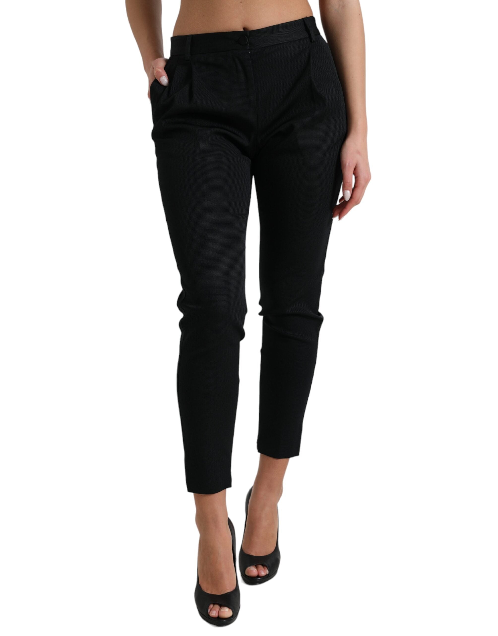 Black Mid Waist Skinny Cropped Pants - ventzia