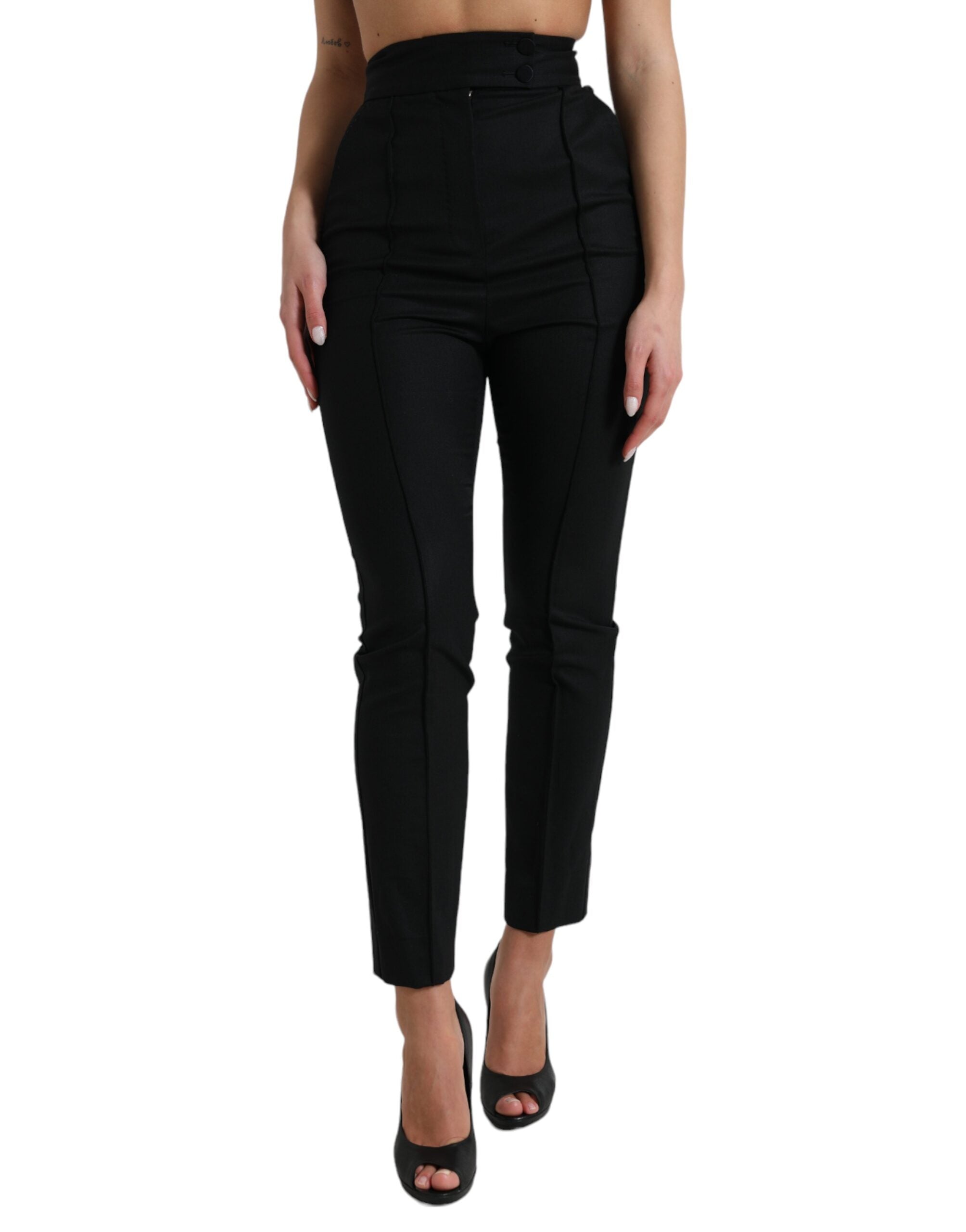 Black Wool High Waist Tapered Pants - ventzia