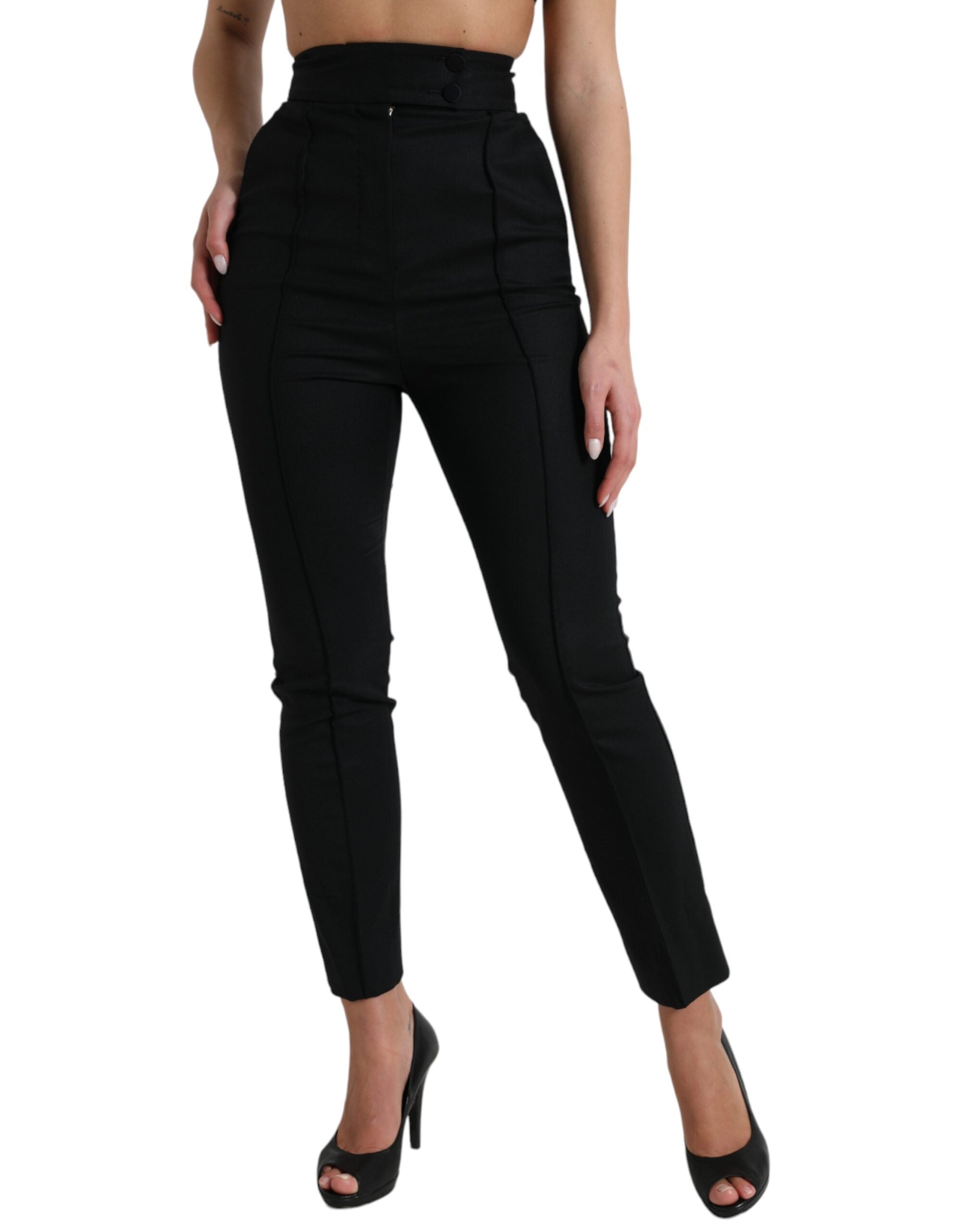 Black Wool High Waist Tapered Pants - ventzia