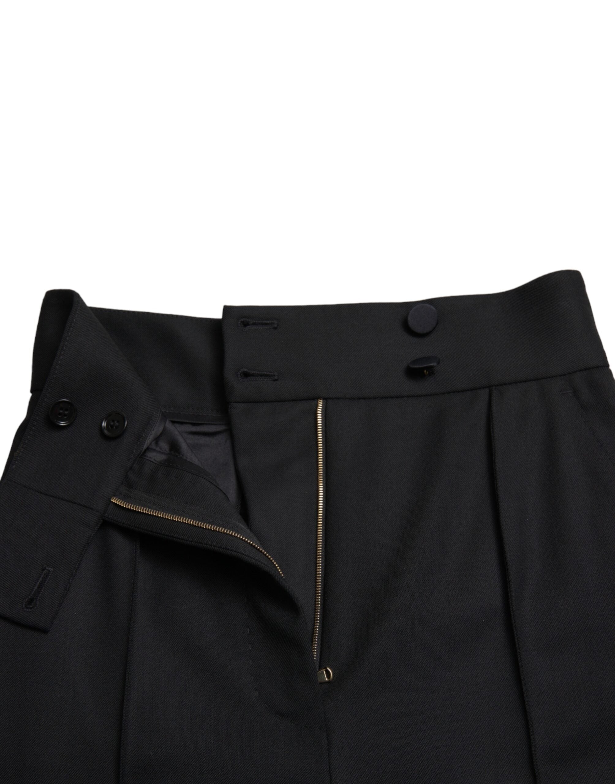 Black Wool High Waist Tapered Pants - ventzia