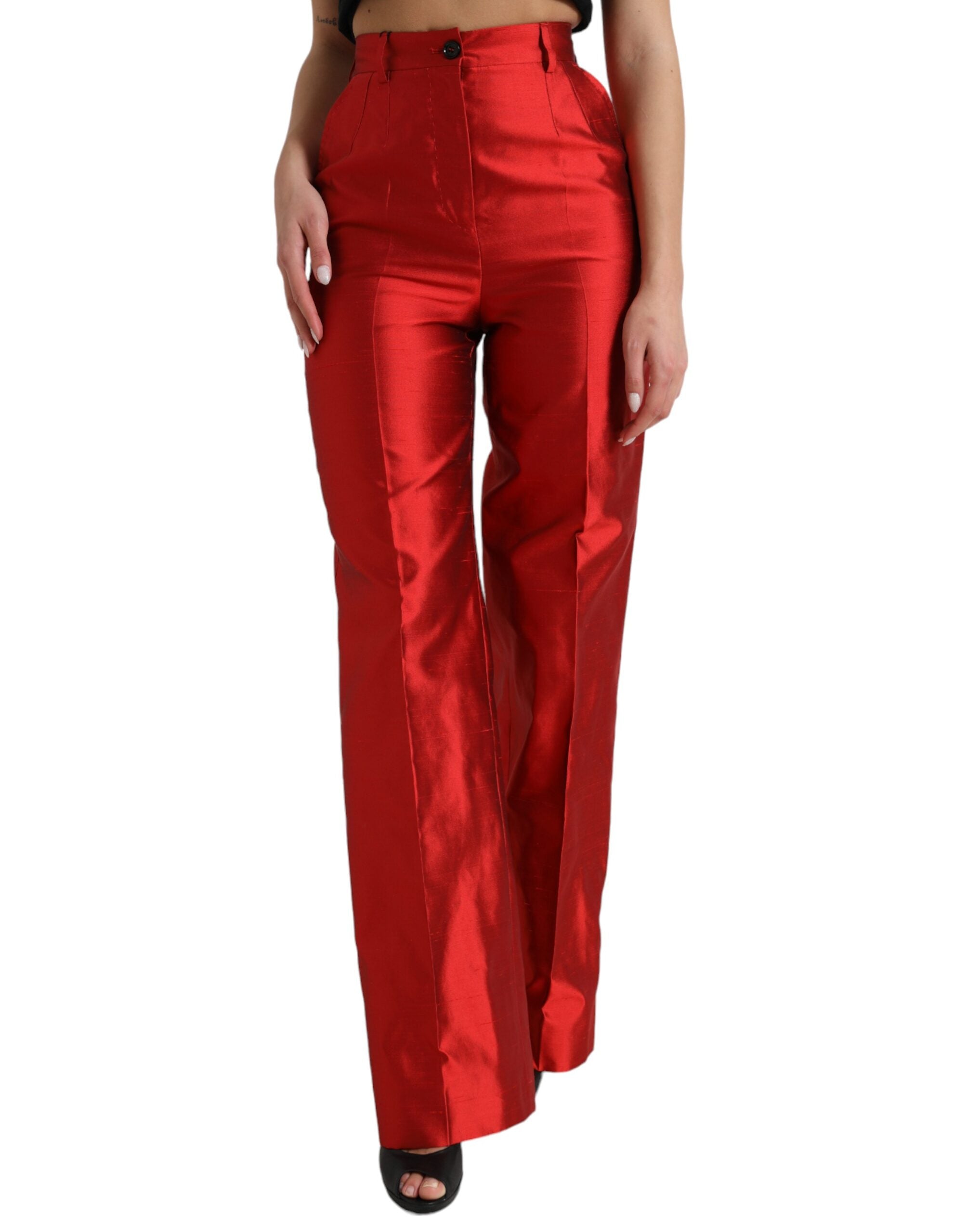Red Satin Silk High Waist Wide Leg Pants - ventzia