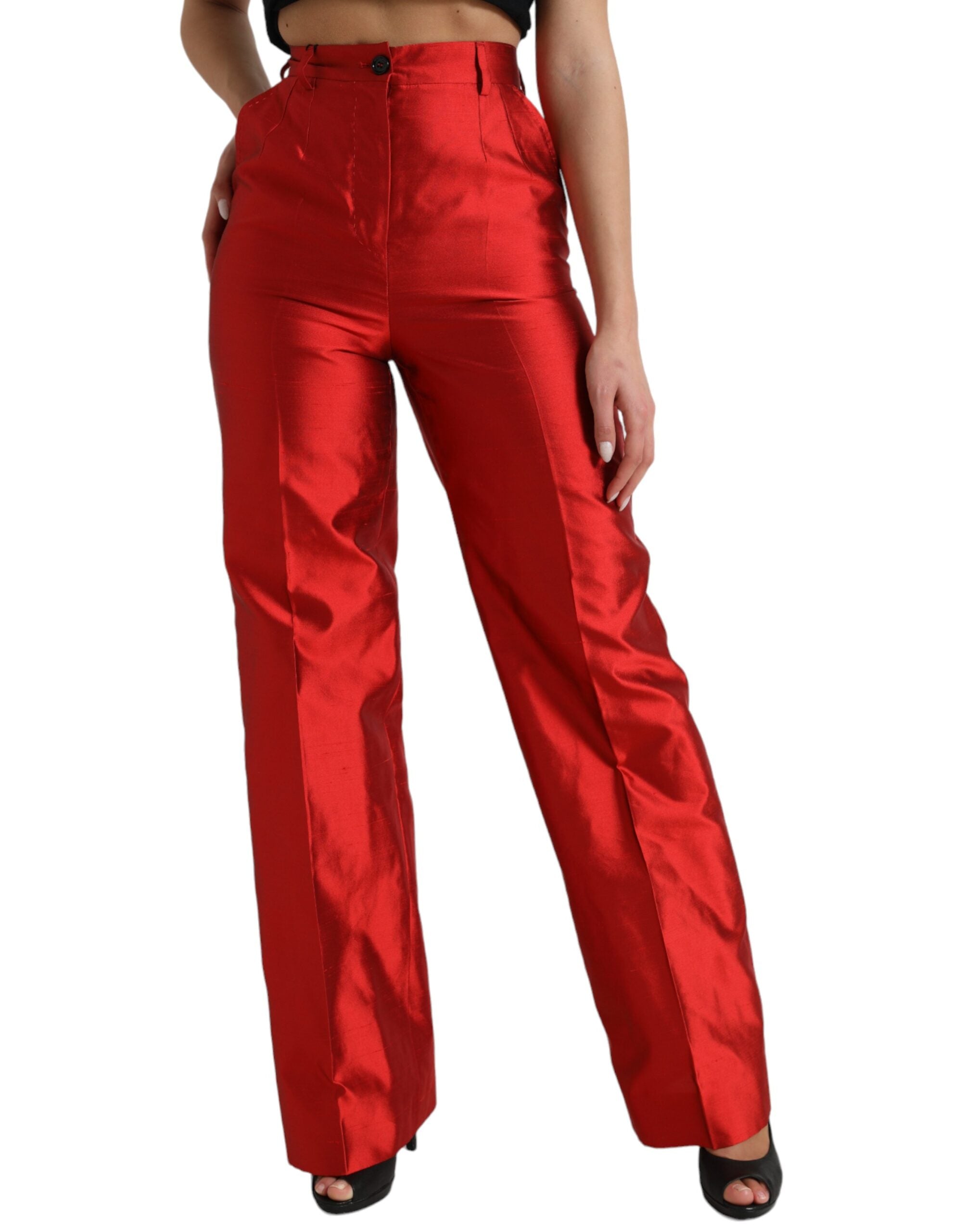 Red Satin Silk High Waist Wide Leg Pants - ventzia